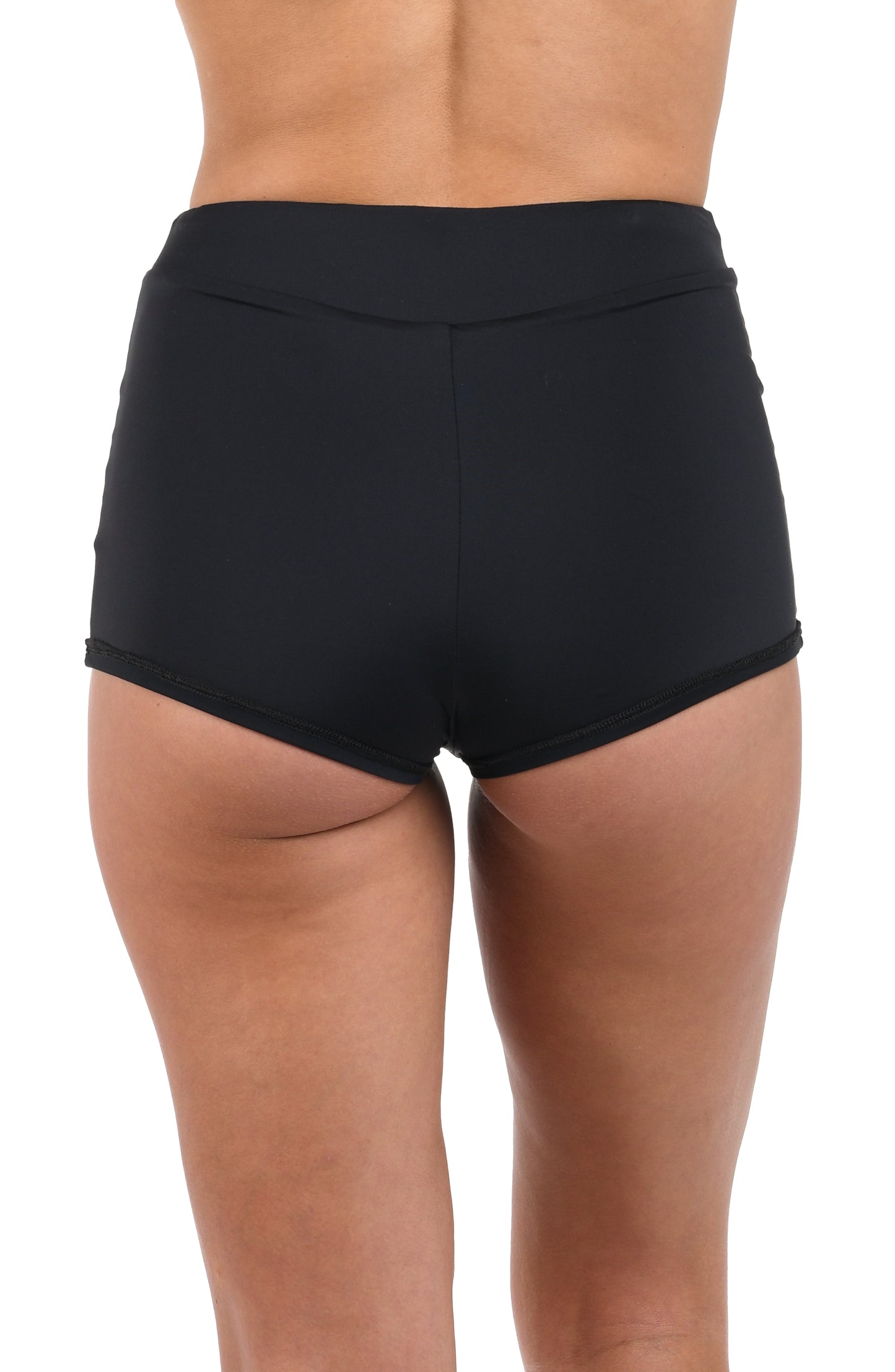 Back image of model wearing the Island Goddess Swim Shorts in Black.