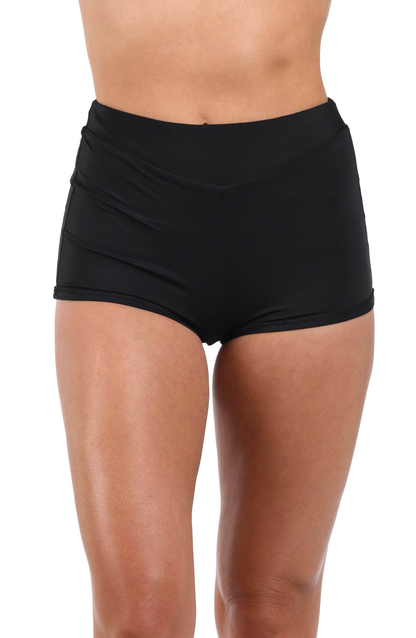 Front image of model wearing the Island Goddess Swim Shorts in Black.