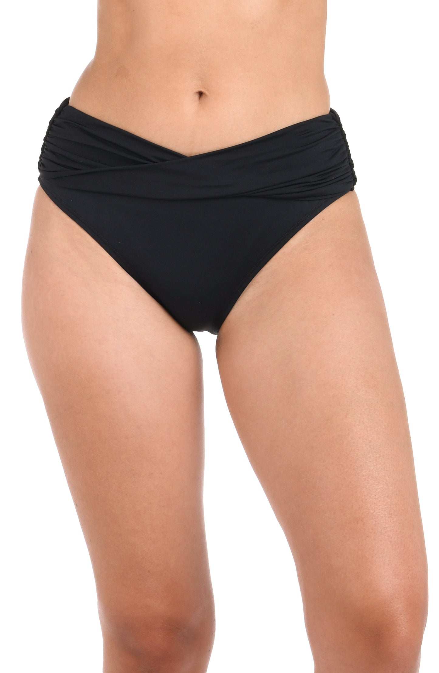 Model is wearing the Island Goddess Crossover Mid-Waist Swimsuit Bottom in Black.