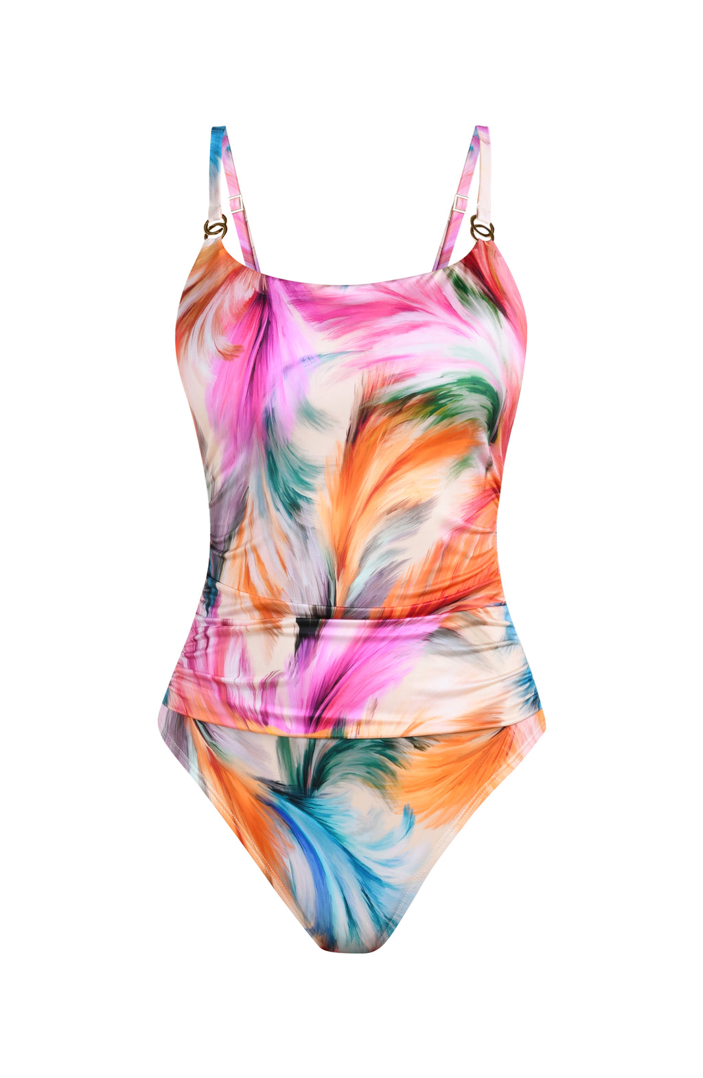 Floating image of a multicolored feather printed one-piece swimsuit with thin over the shoulder straps featuring a straight neckline and fitted silhouette.