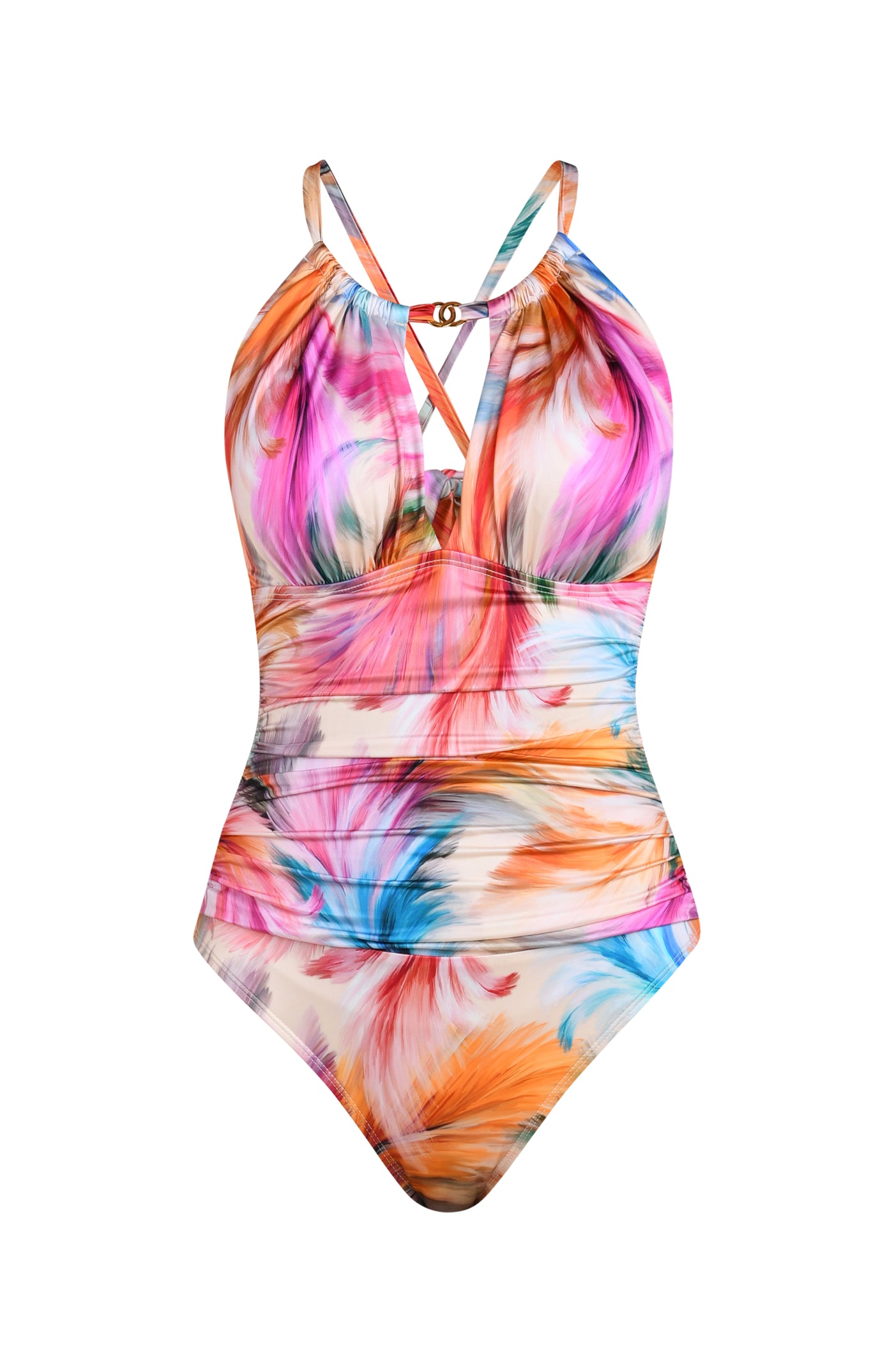 
                  
                    Floating image of a multicolored feather printed one-piece swimsuit with a halter neckline, keyhole cutout, and ruched detailing at the waist.
                  
                