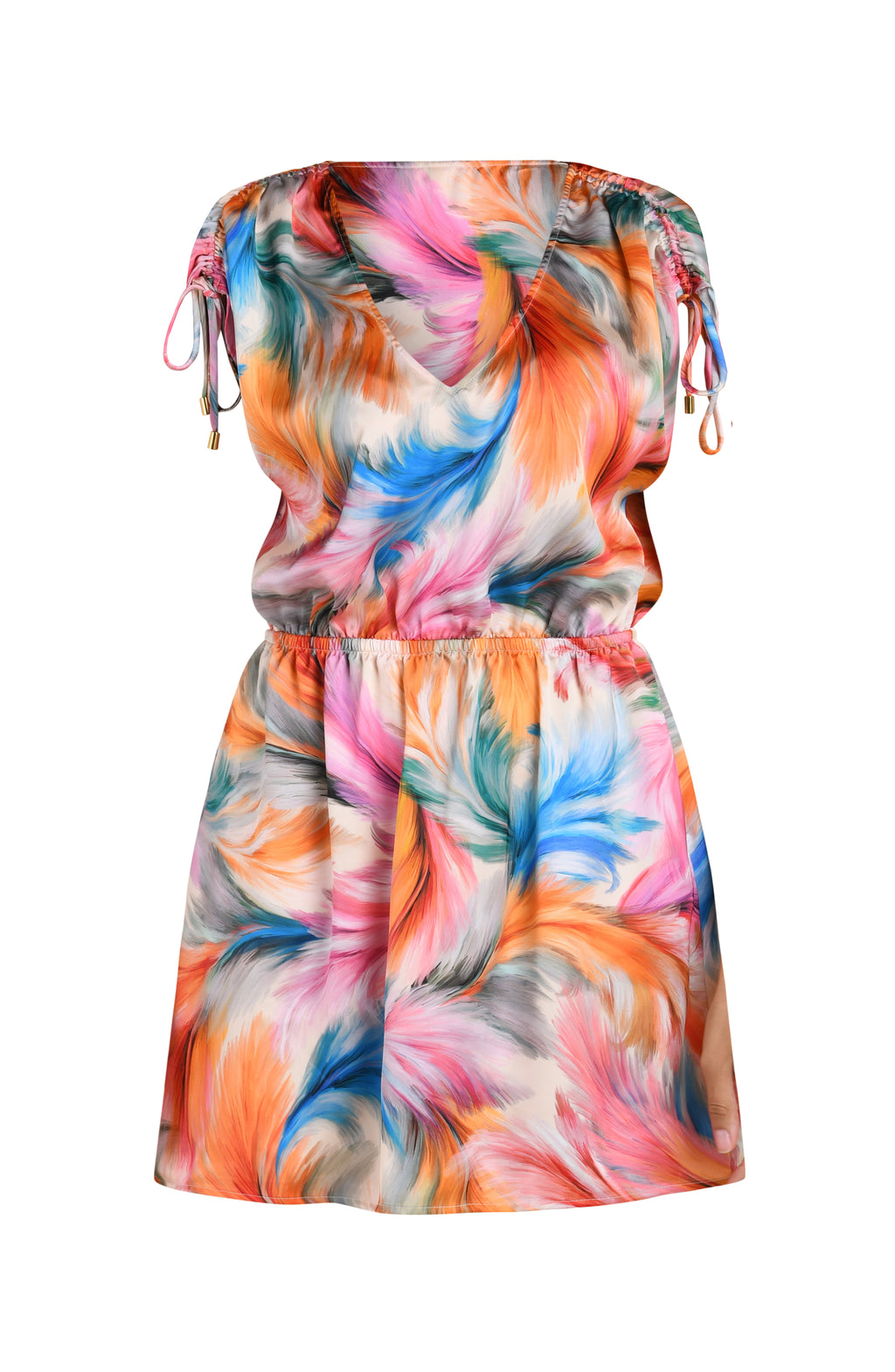 Floating image of a multicolored feather printed short cover-up dress featuring a V-neckline, cinched waist, and adjustable drawstring sleeves, and pockets.
