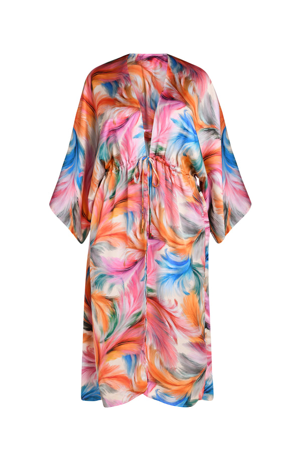 Floating image of a multicolored feather printed long kimono-style cover-up featuring wide sleeves and a drawstring waist.