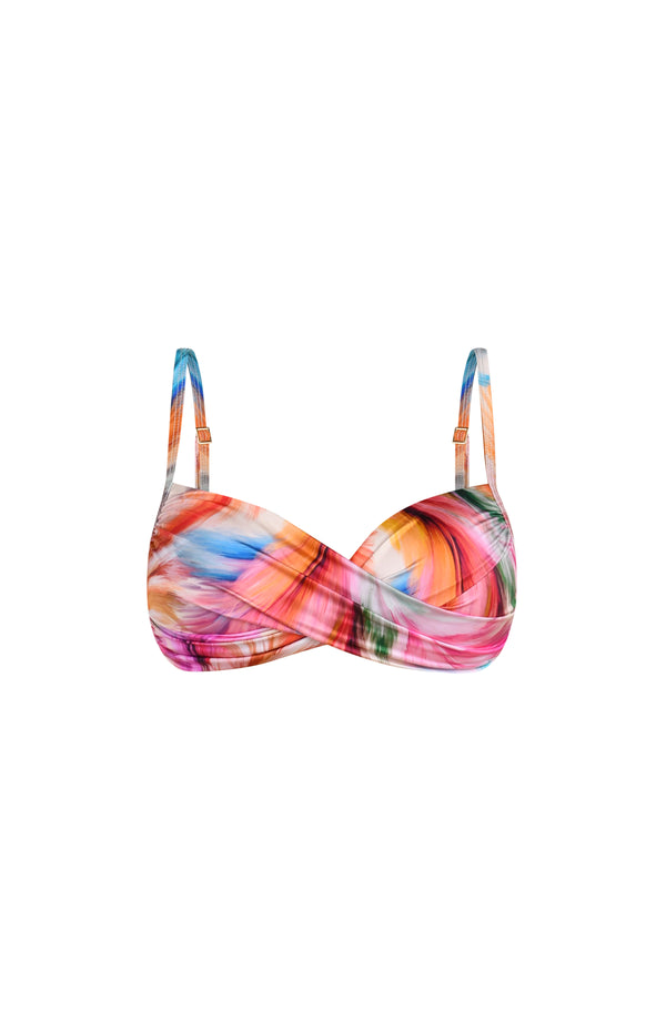 Floating image of a multicolored feather printed bikini top with adjustable thin straps and a wrap-style front.