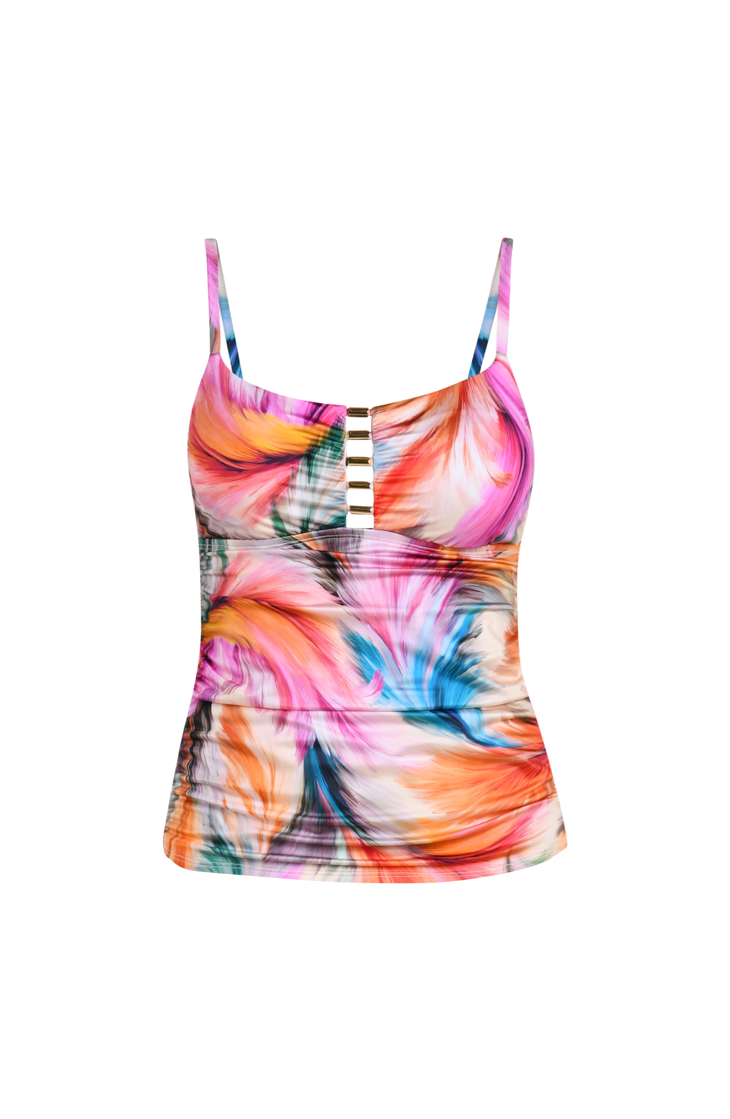 Floating image of a multicolored feather printed tankini top with thin over the shoulder straps, and gold rectangular accents at the neckline.