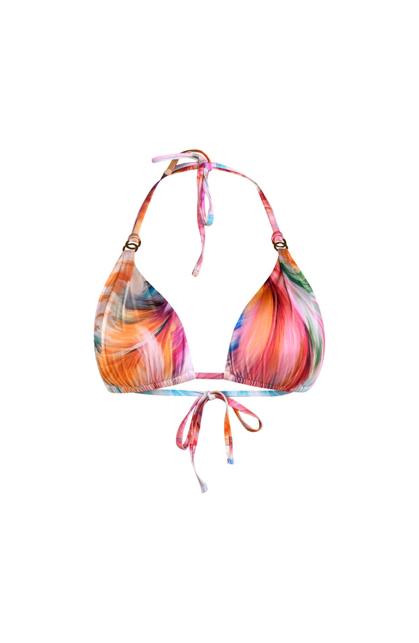 Floating image of a multicolored feather printed halter bikini top triangle cups and gold ring accents at the straps.
