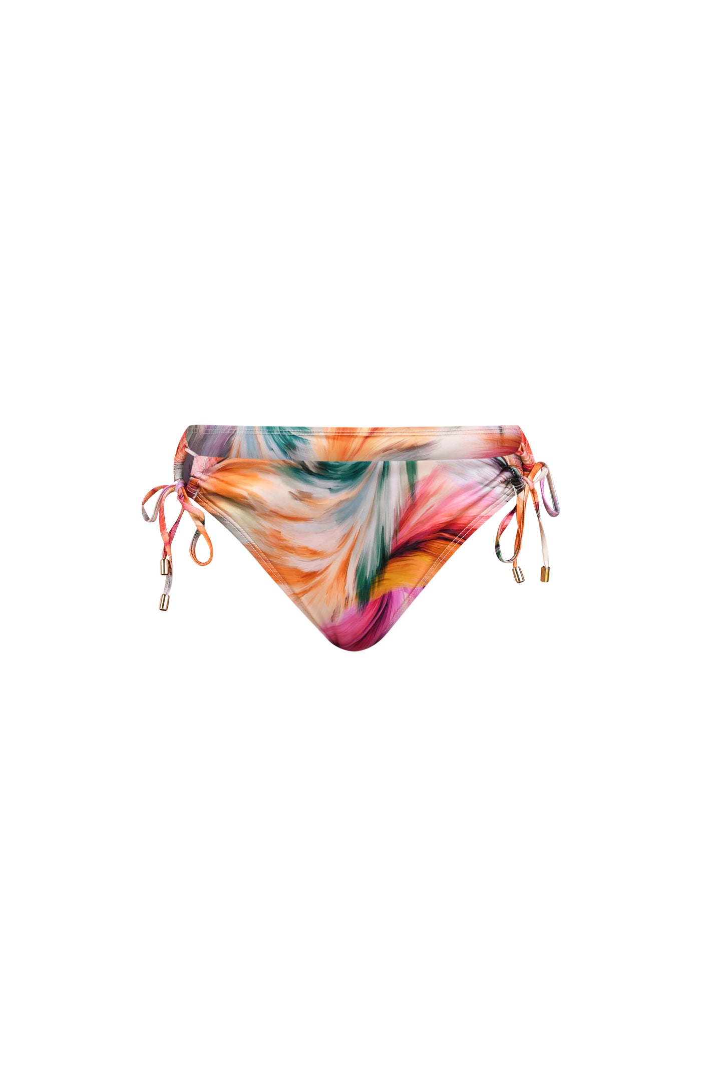
                  
                    Floating image of a multicolored feather printed bikini bottom featuring adjustable side ties with gold accents, and moderate rear coverage.
                  
                