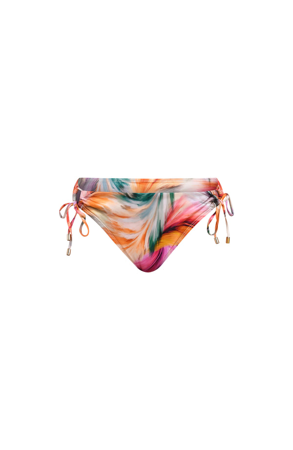 Floating image of a multicolored feather printed bikini bottom featuring adjustable side ties with gold accents, and moderate rear coverage.
