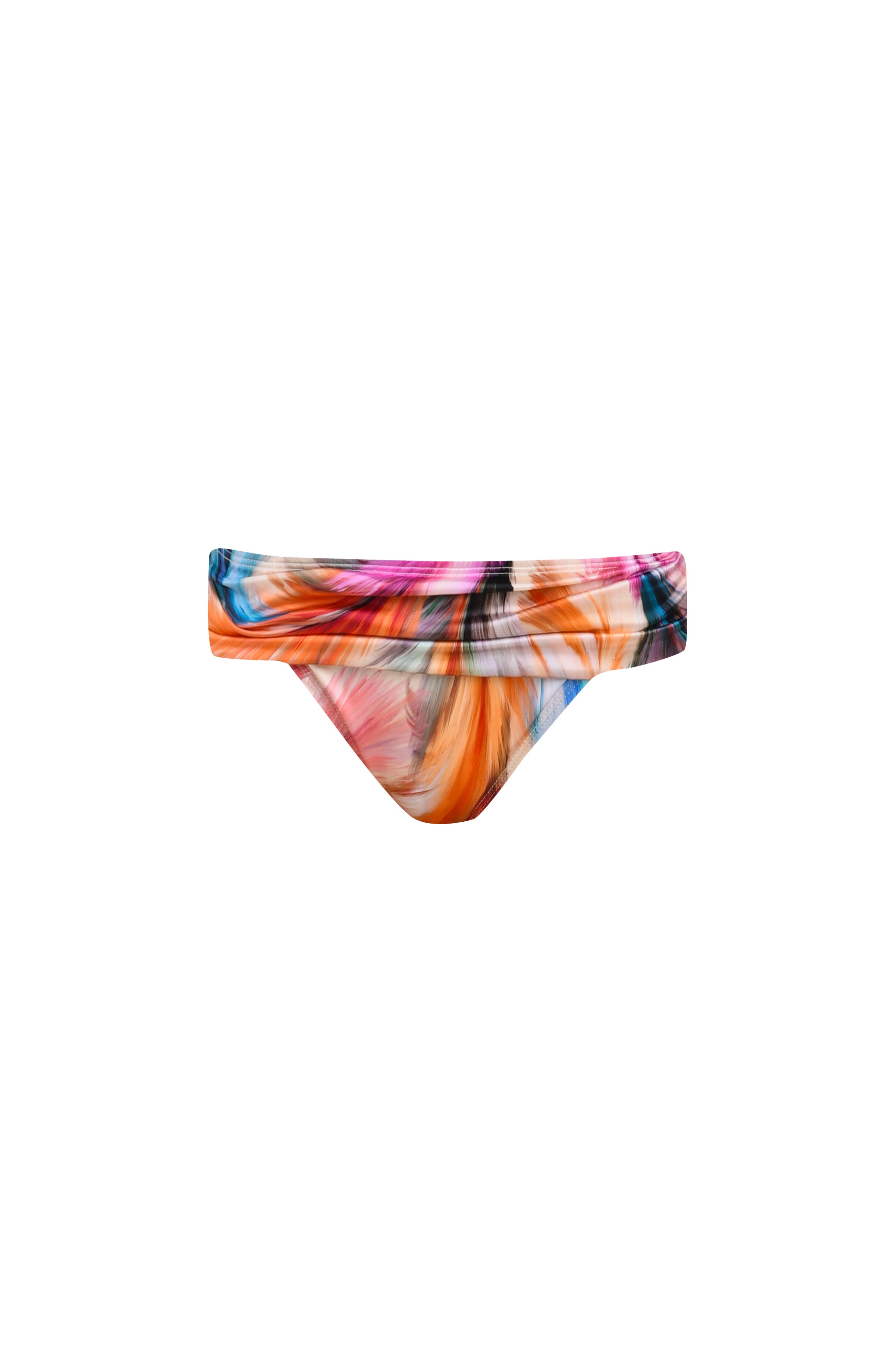 Floating image of a multicolored feather printed bikini bottom.