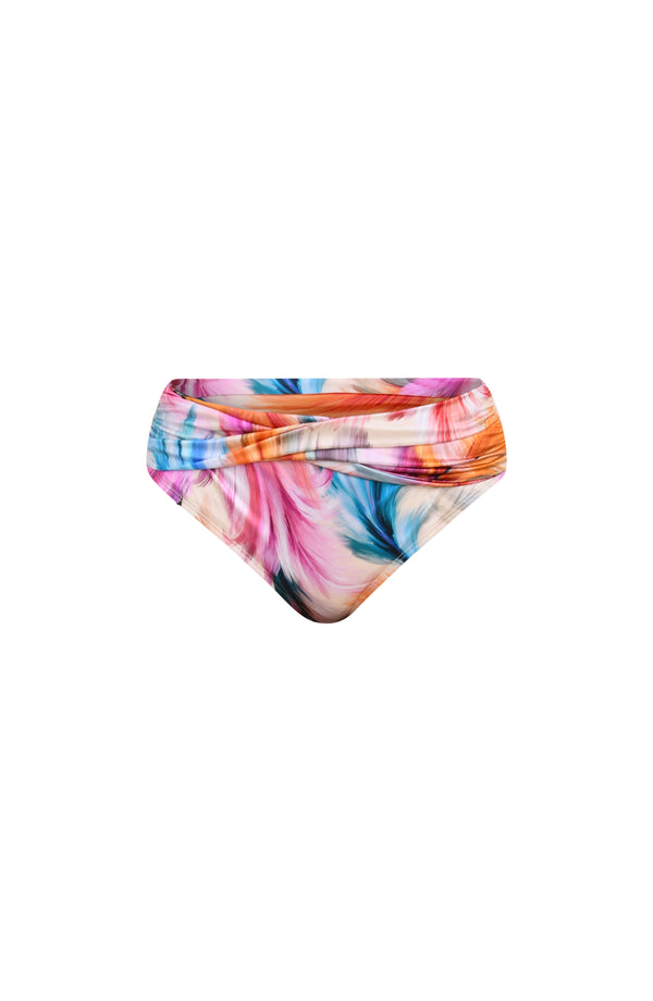 Floating image of a multicolored feather printed bikini bottom with a mid-rise fit and a flattering crossover waistband design.