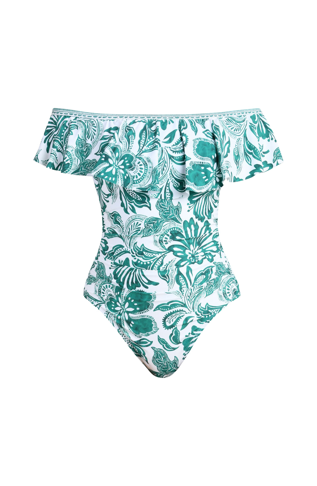 green floral off-shoulder swimsuit on a white background