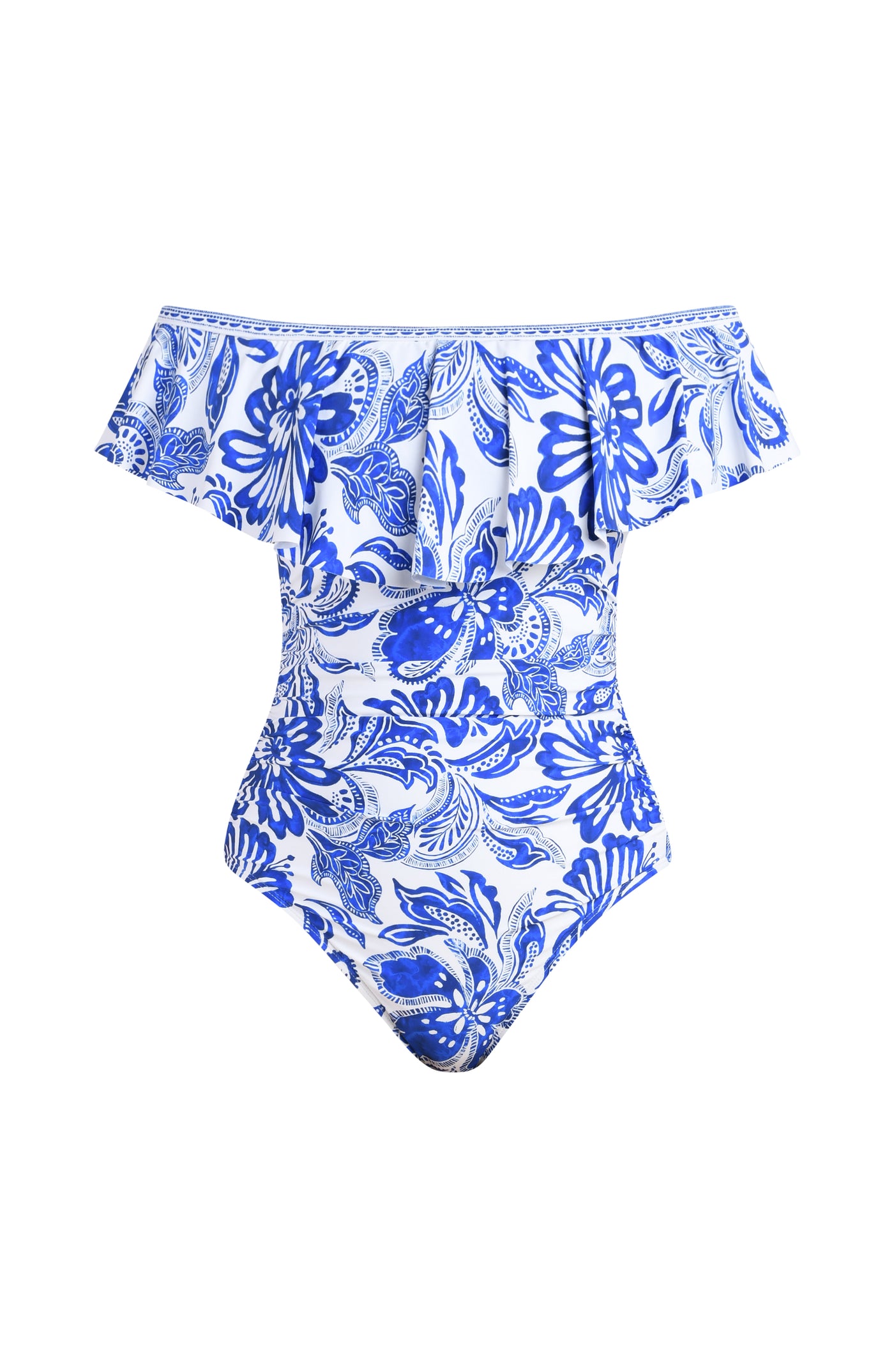 
                  
                    blue and white floral off-shoulder swimsuit on a white background
                  
                