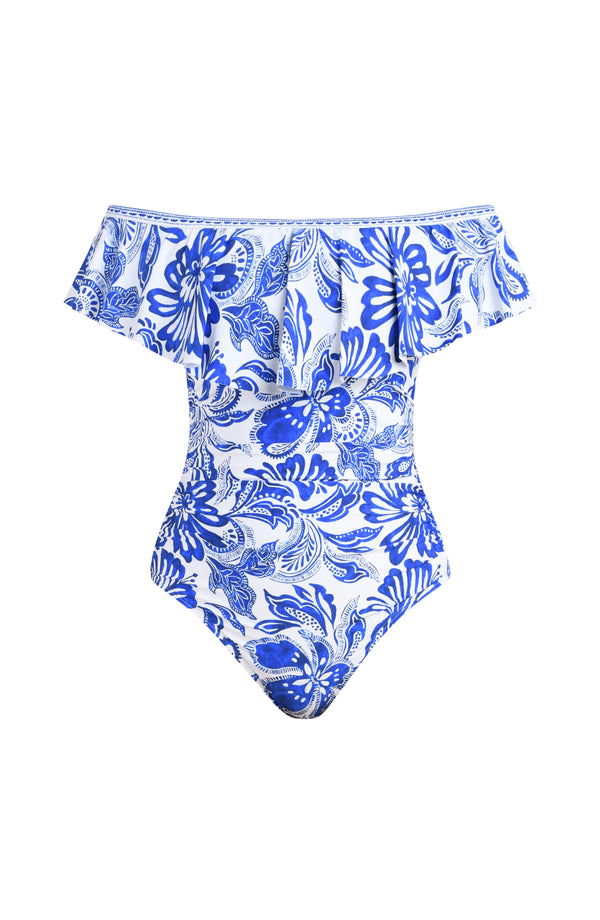 blue and white floral off-shoulder swimsuit on a white background