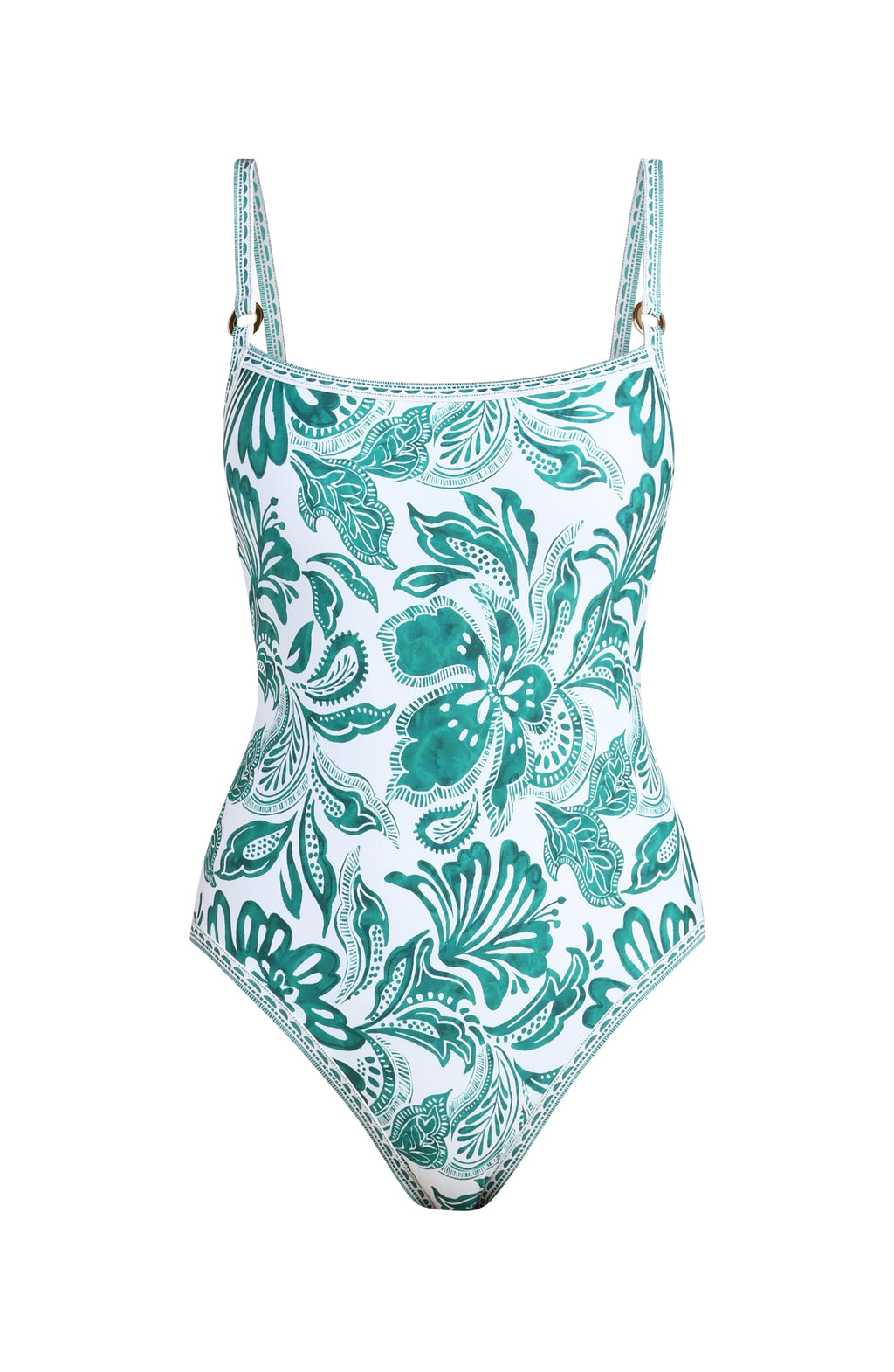 green floral one-piece swimsuit on a white background