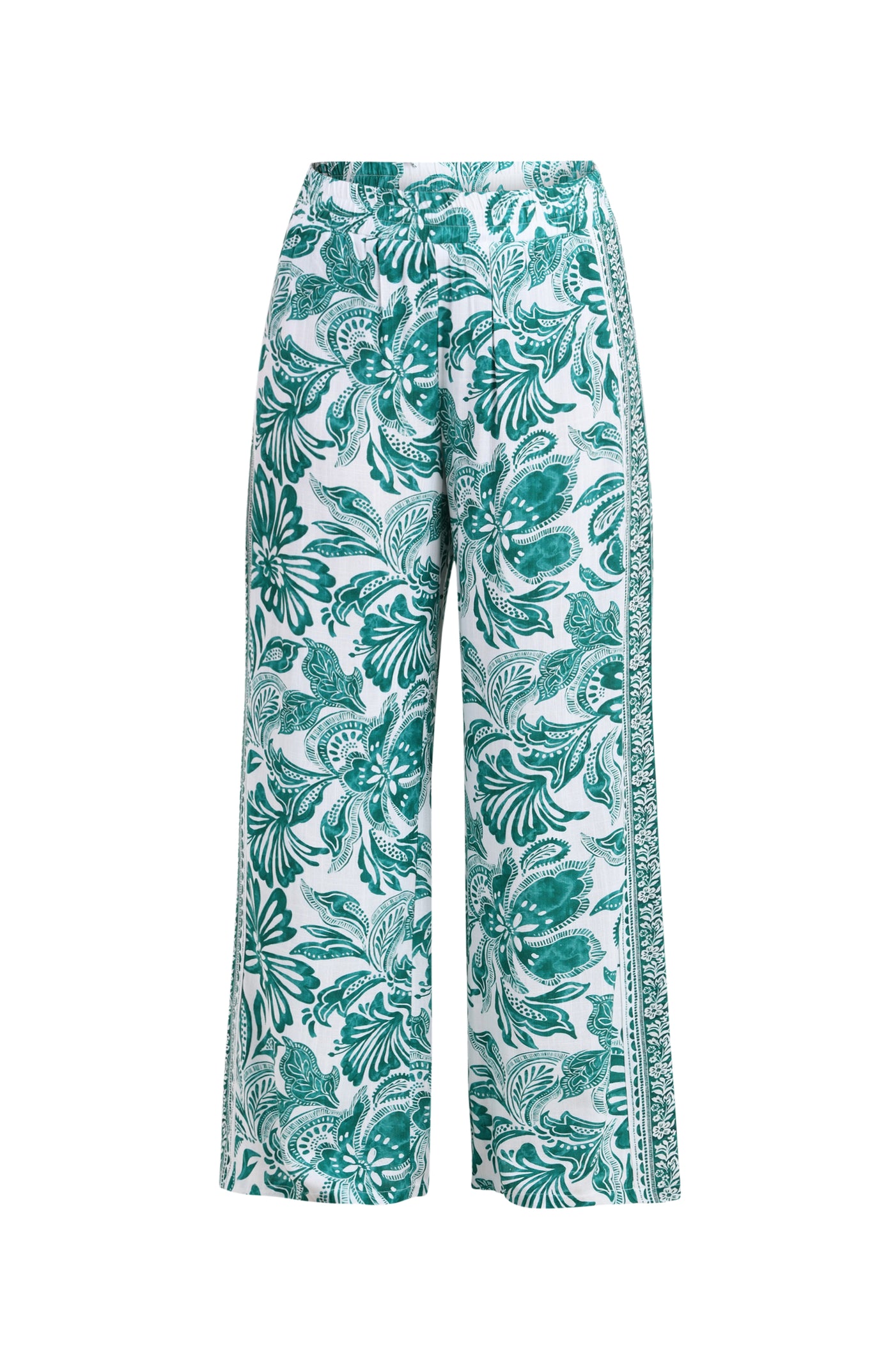 
                  
                    Green and white floral-patterned pants on a white background
                  
                