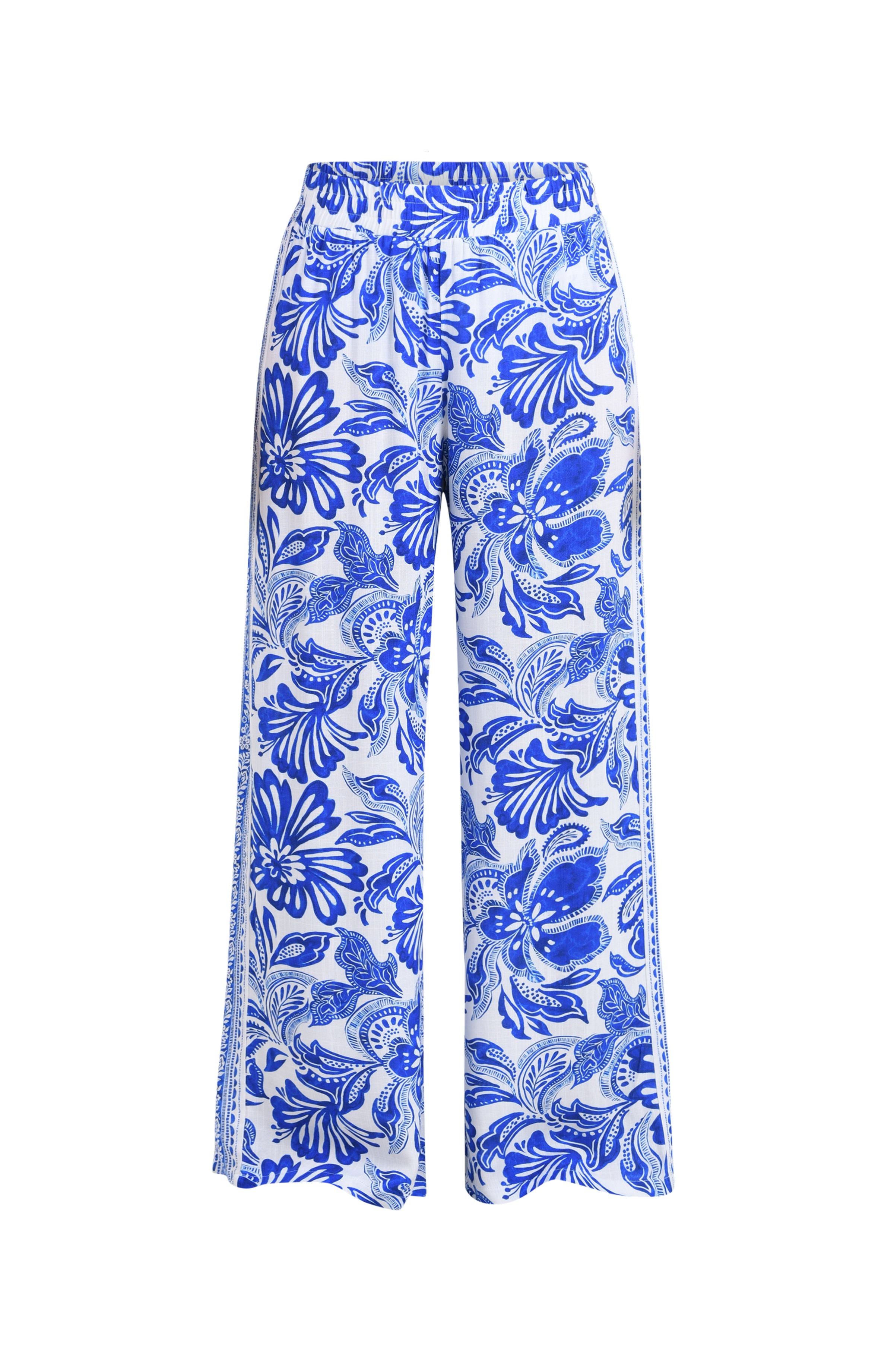 blue floral patterned pants on a white background
