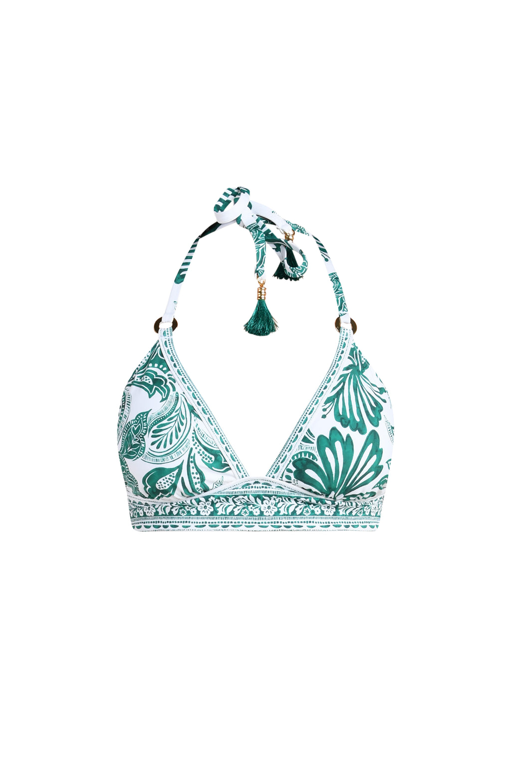 green and white patterned bikini top on a white background