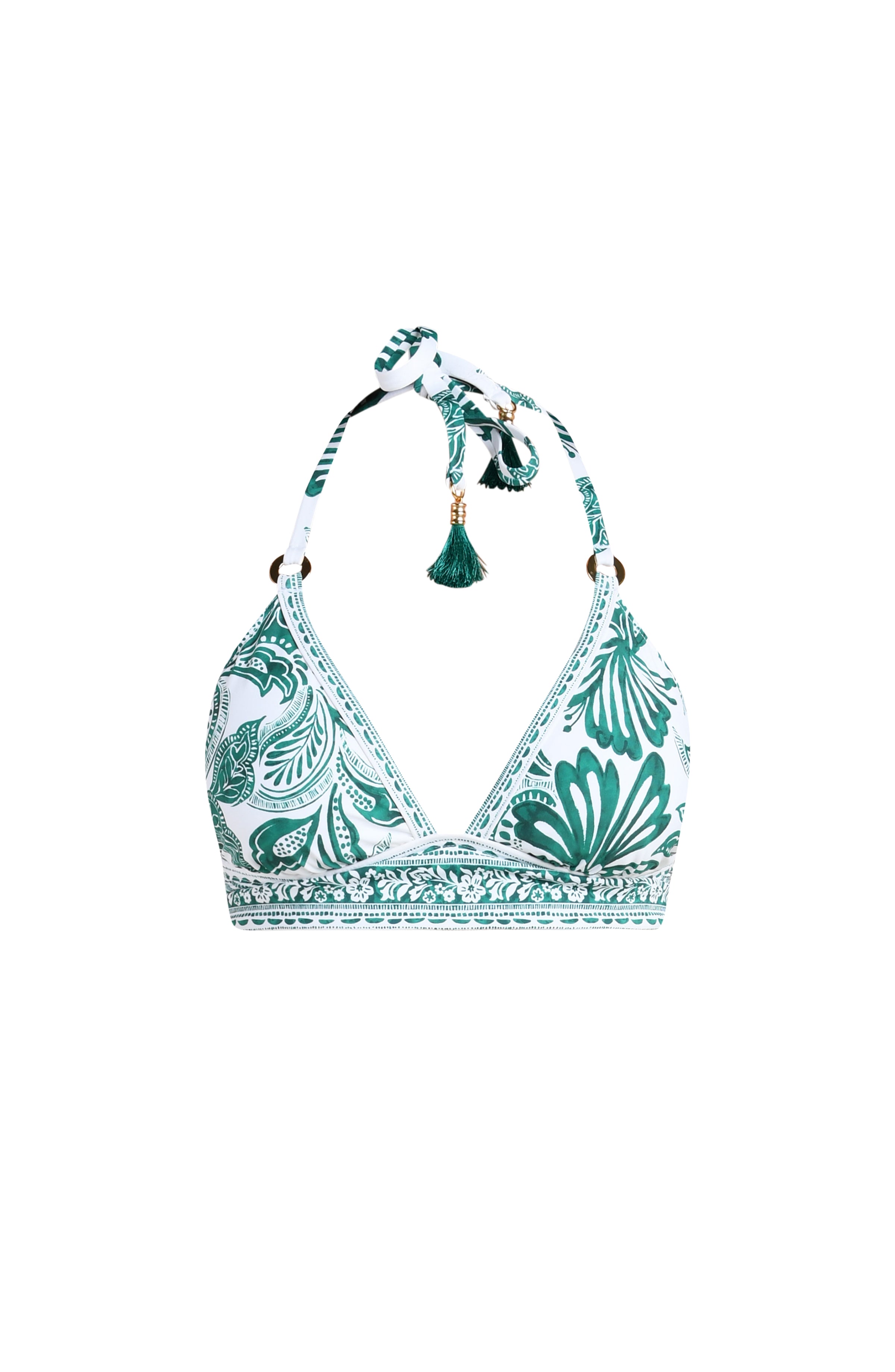 green and white patterned bikini top on a white background