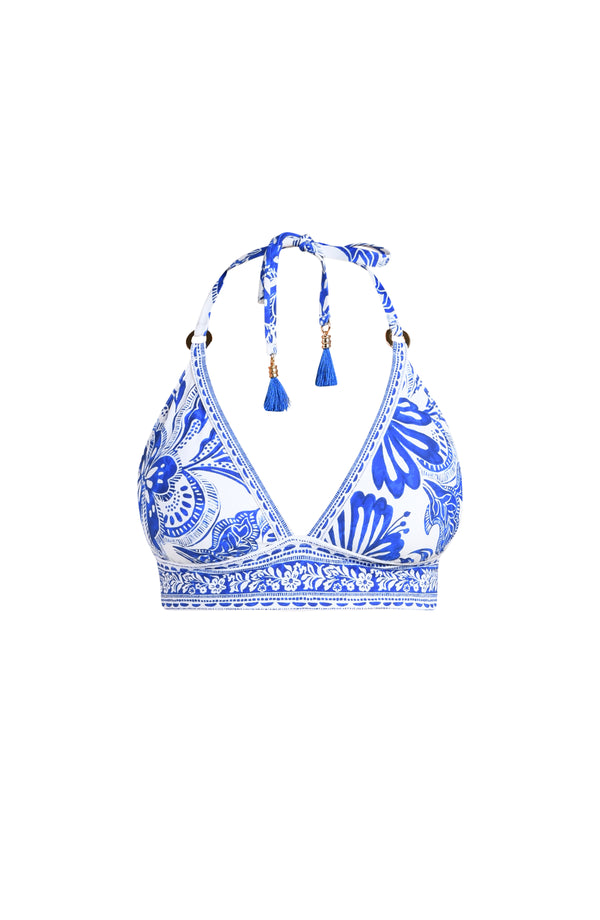blue and white patterned bikini top