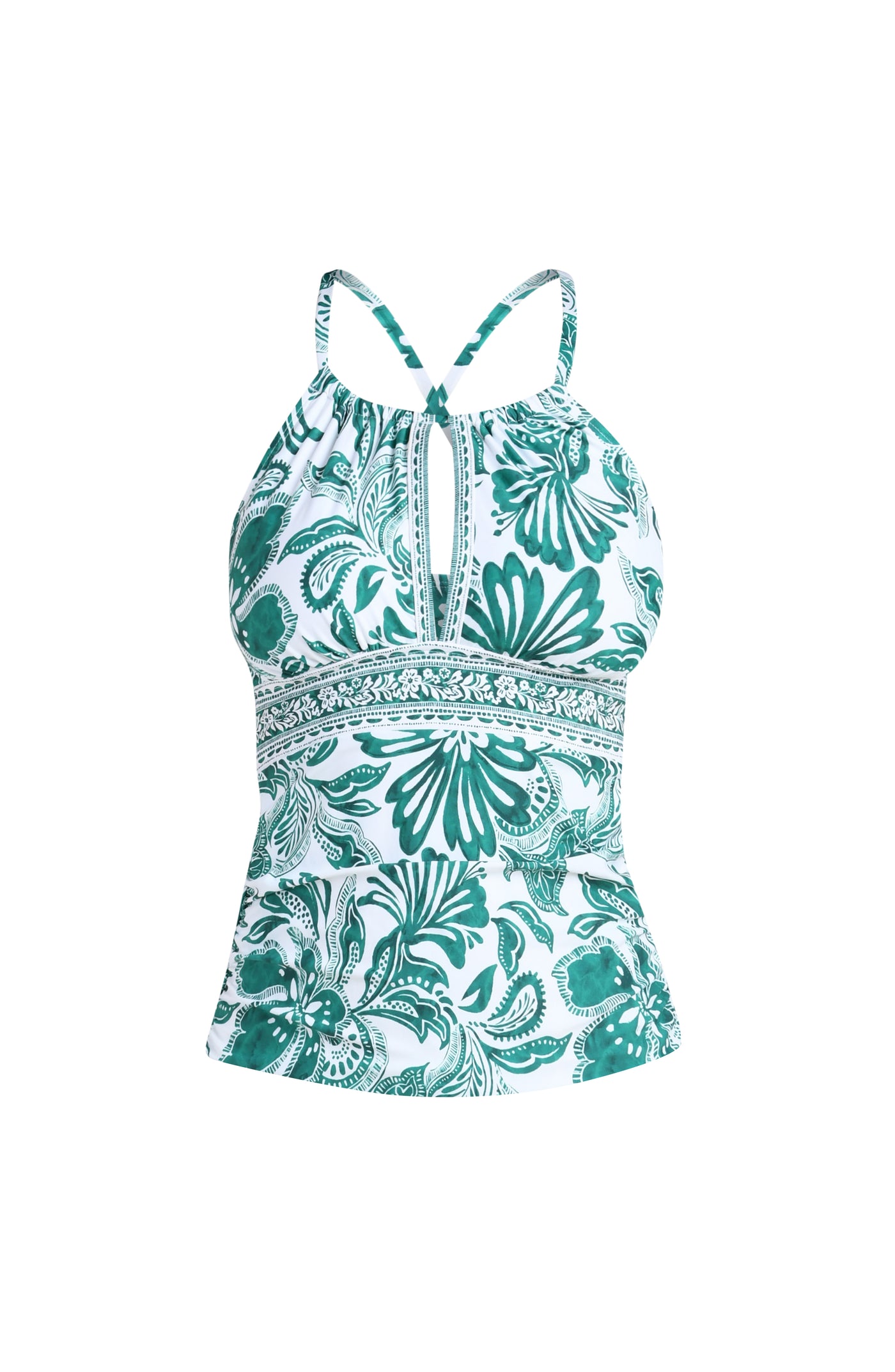 
                  
                    green and white floral tankini top on a white background
                  
                