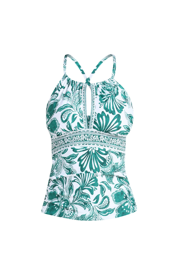 green and white floral tankini top on a white background
