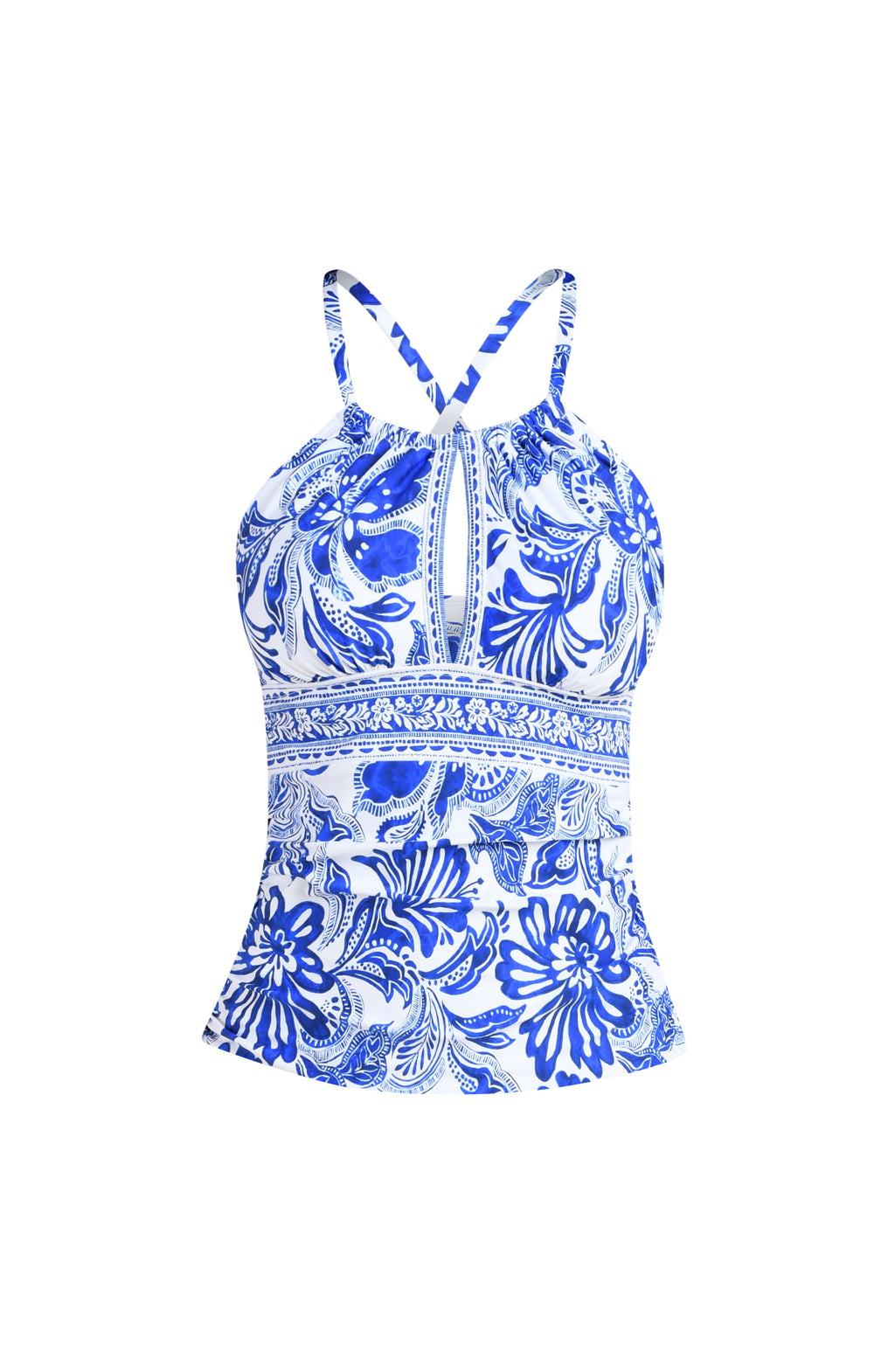 blue and white floral tankini top swimsuit on a white background