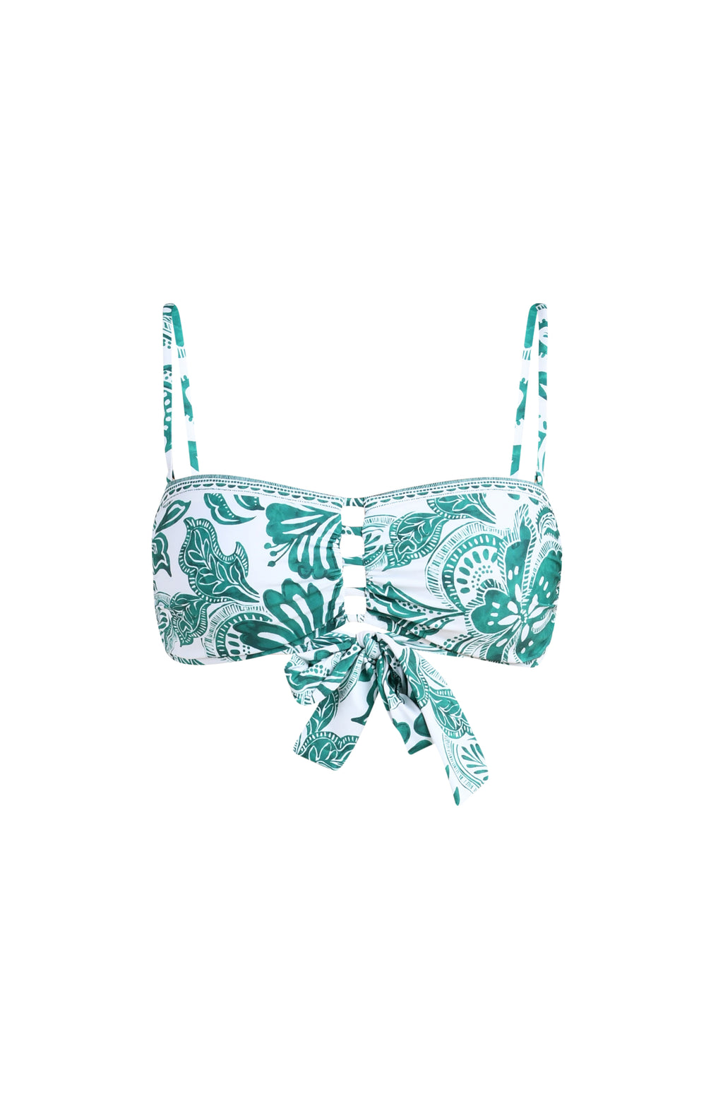 green and white patterned bikini top on a white background