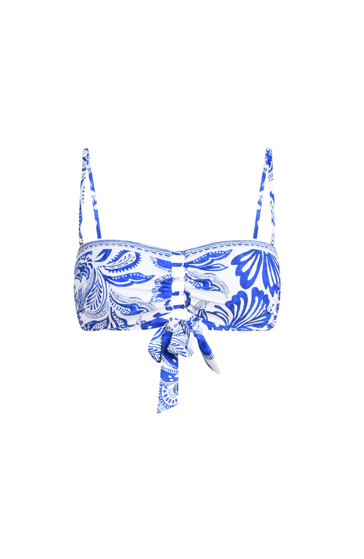 
                  
                    blue and white patterned bikini top on a white background
                  
                