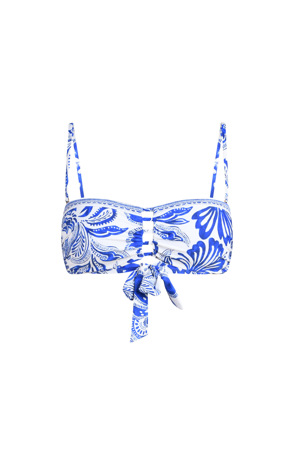 blue and white patterned bikini top on a white background