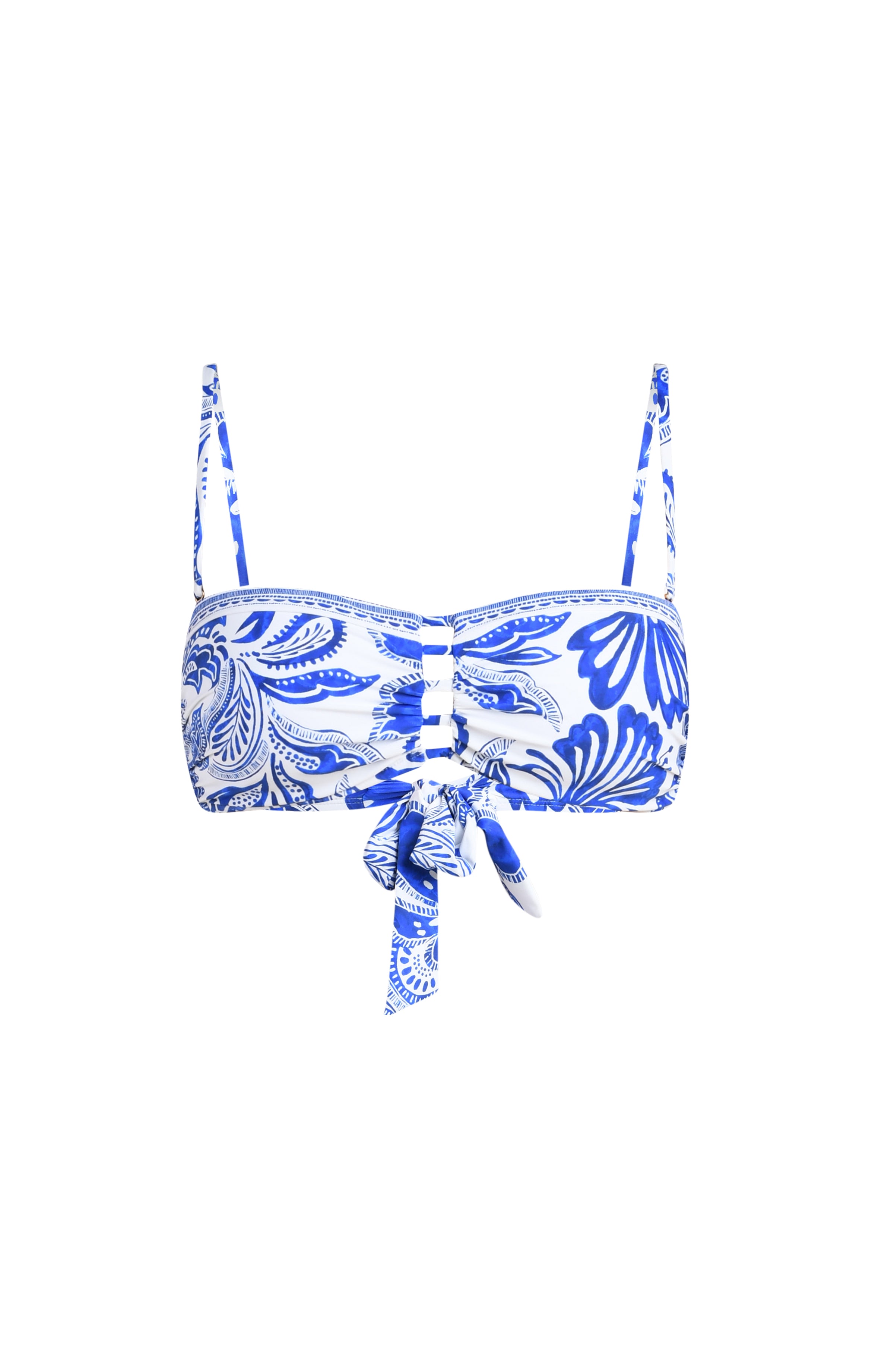 blue and white patterned bikini top on a white background
