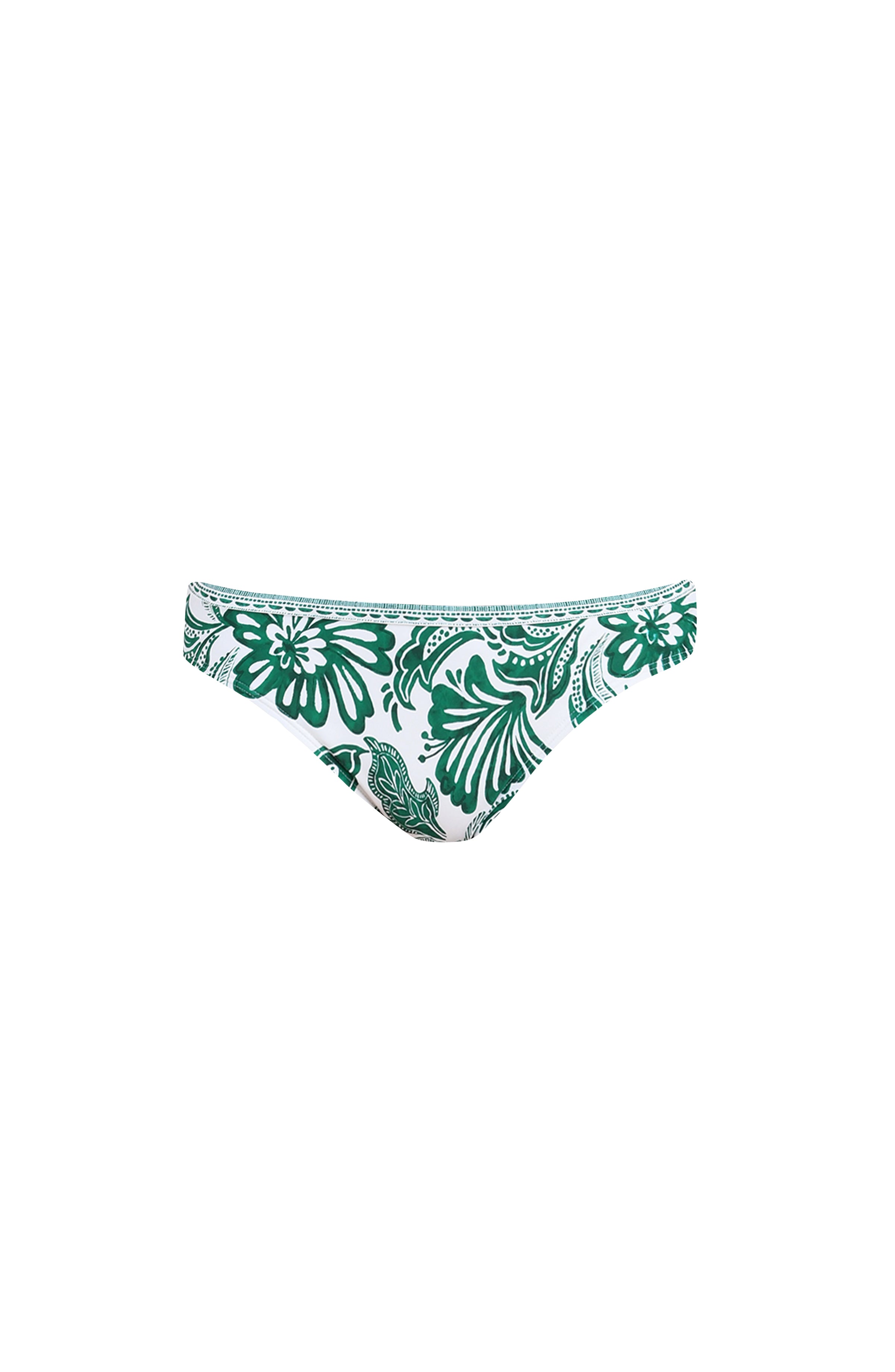 Green and white patterned bikini bottom on a plain background