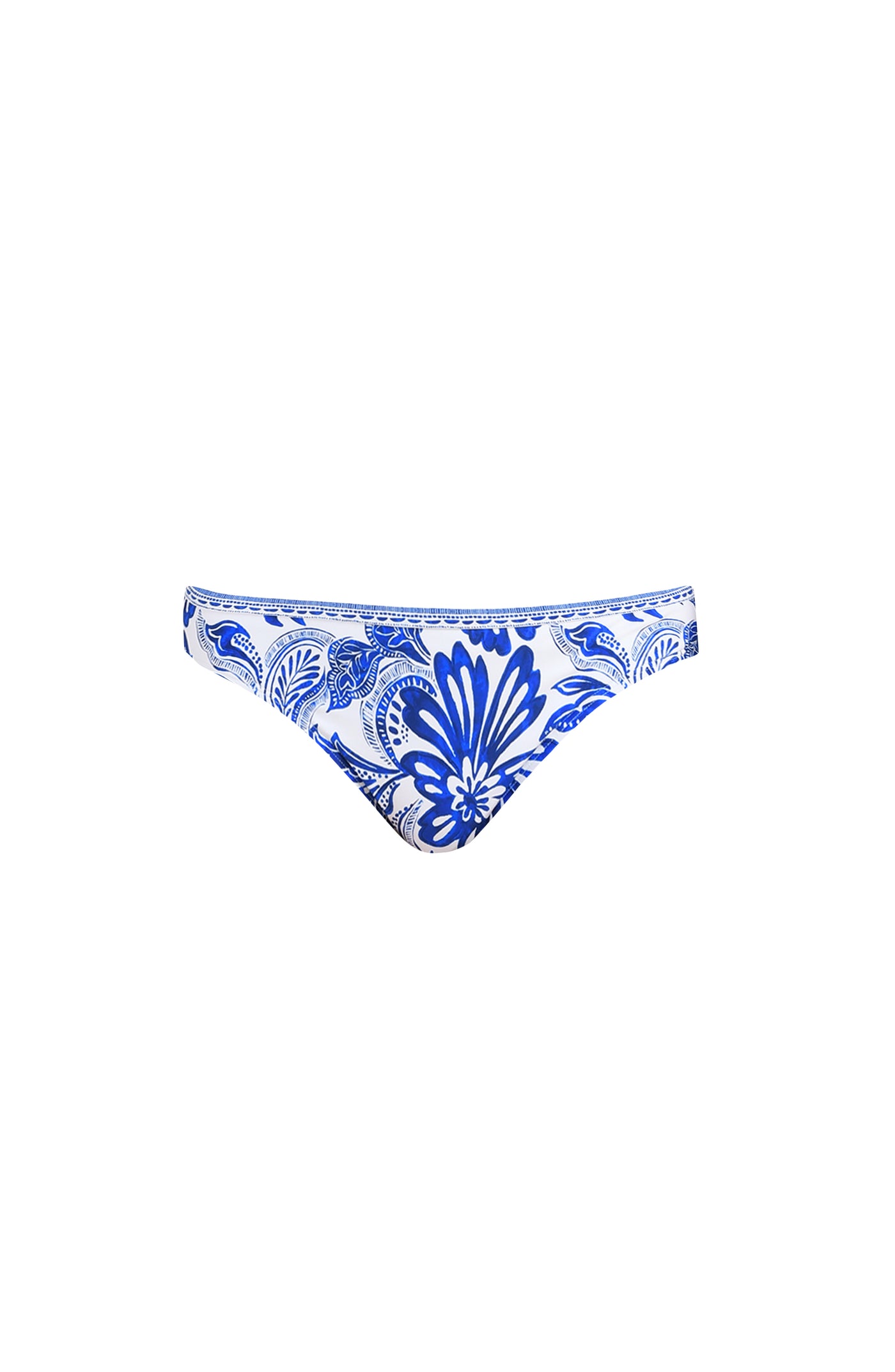 
                  
                    Blue and white patterned bikini bottom on a plain background
                  
                