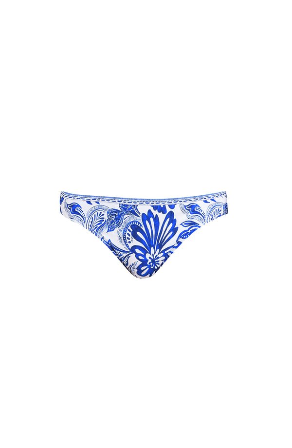 Blue and white patterned bikini bottom on a plain background
