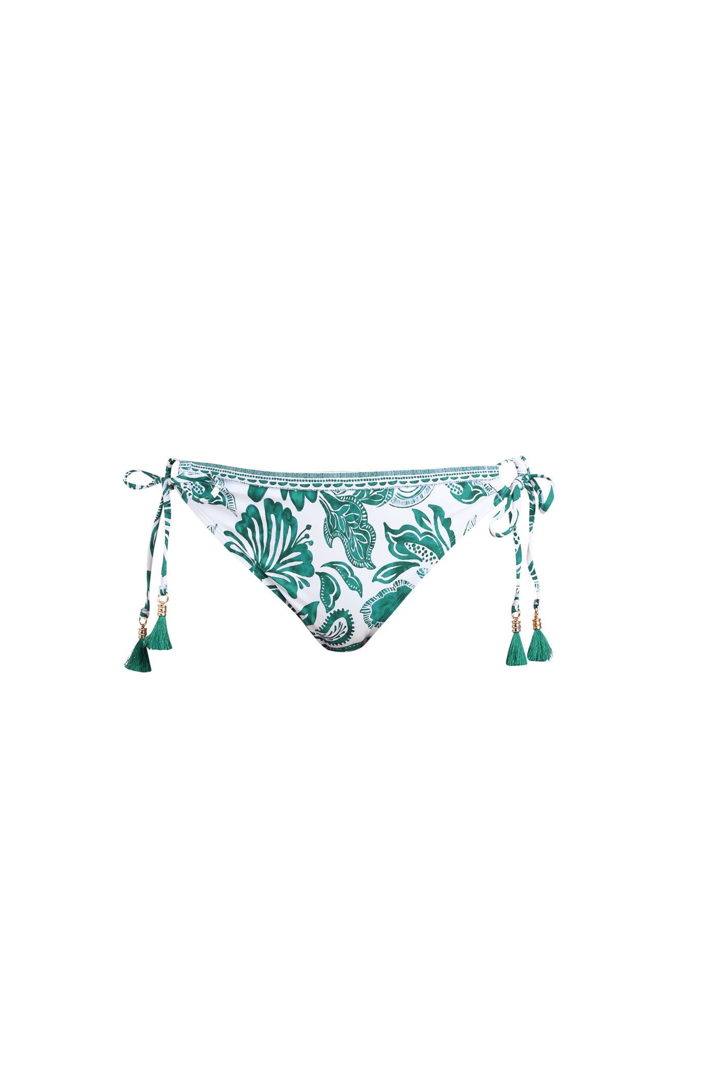 
                  
                    Green and white patterned bikini bottom on a plain background
                  
                