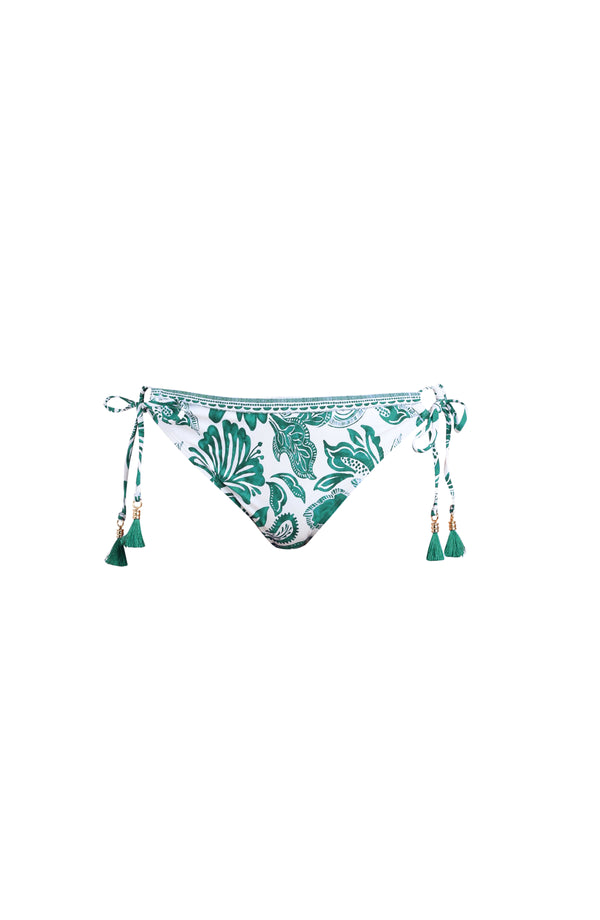 Green and white patterned bikini bottom on a plain background