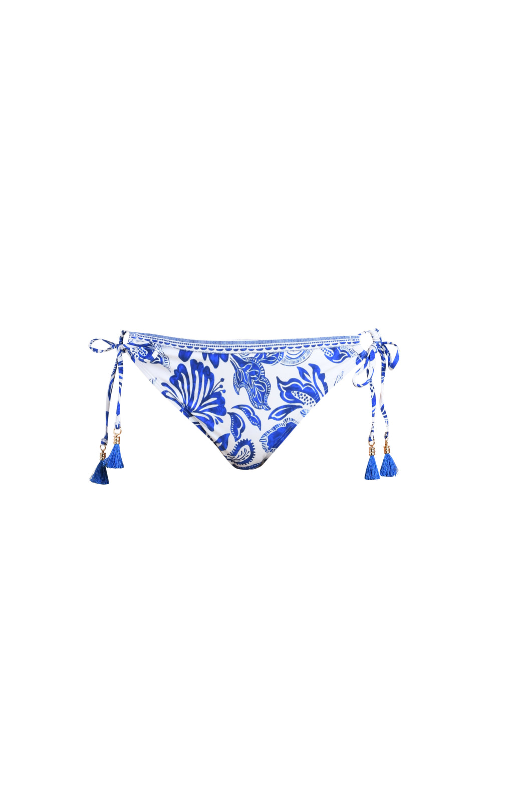 Blue and white patterned bikini bottom on a white background