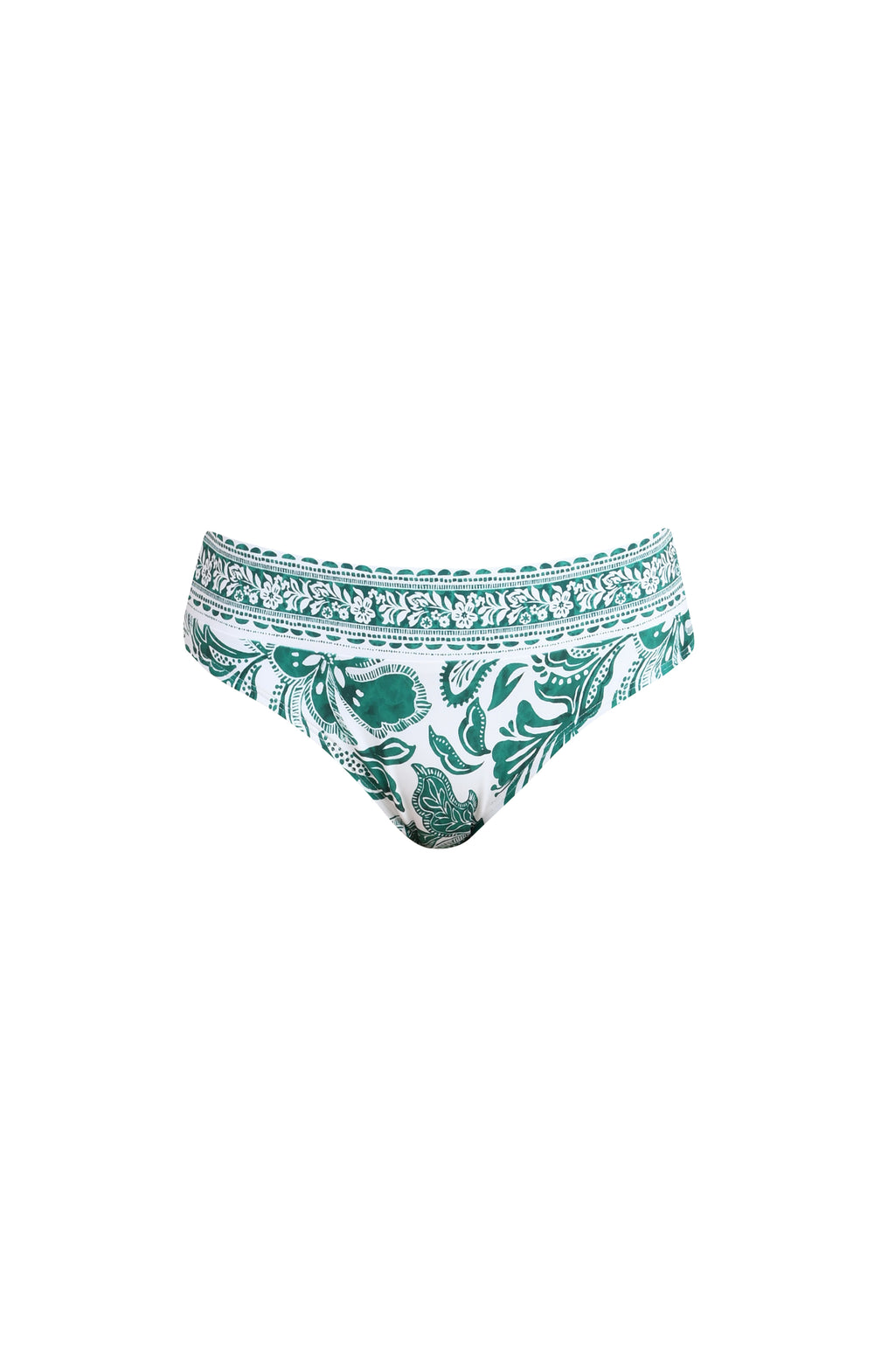 Green and white patterned bikini bottom on a plain background