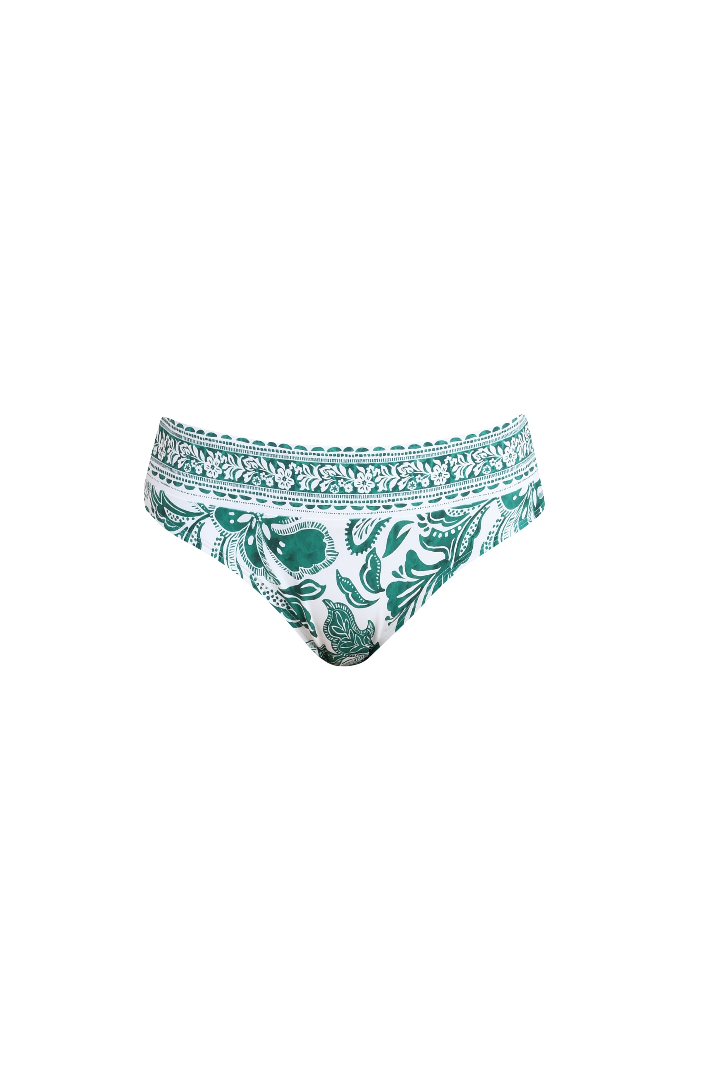 Green and white patterned bikini bottom on a plain background