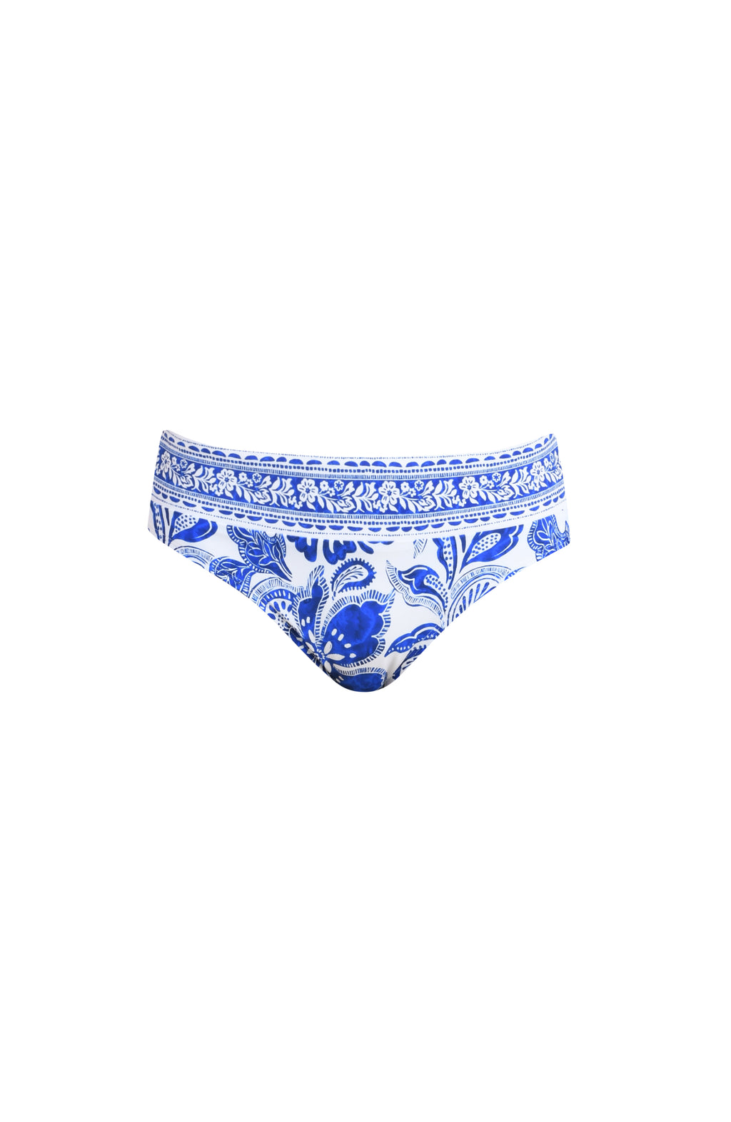 Blue and white patterned bikini bottom on a plain background