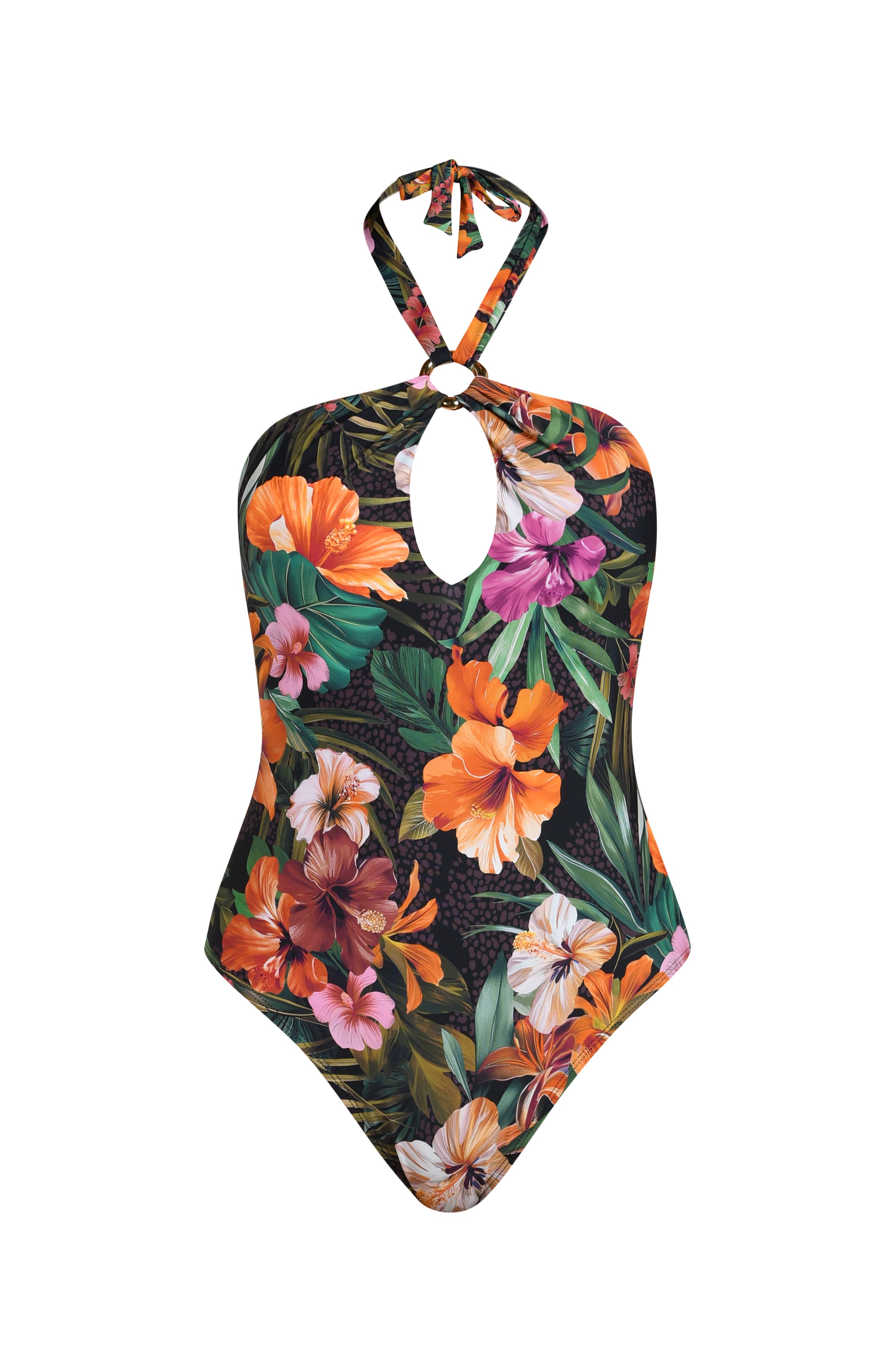 Floating image of a multicolored tropical printed one-piece swimsuit featuring a halter neckline with a keyhole front cutout and tummy control. 