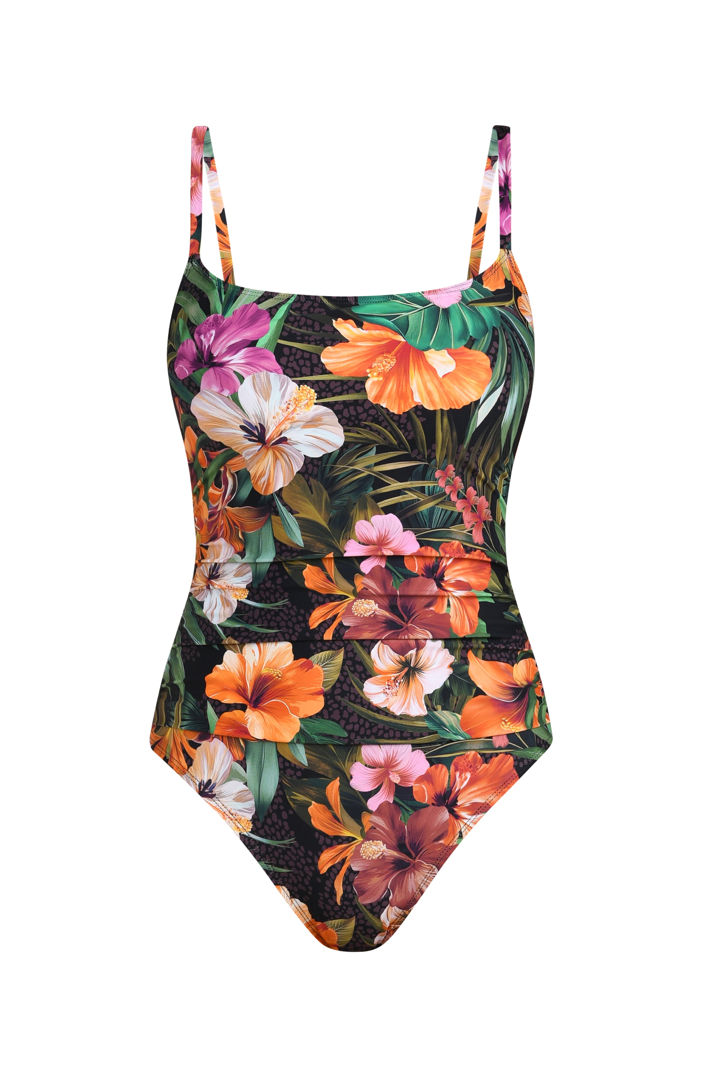 Floating image of a multicolored tropical printed one-piece swimsuit with thin shoulder straps, a straight neckline, and ruched detailing at the waist.