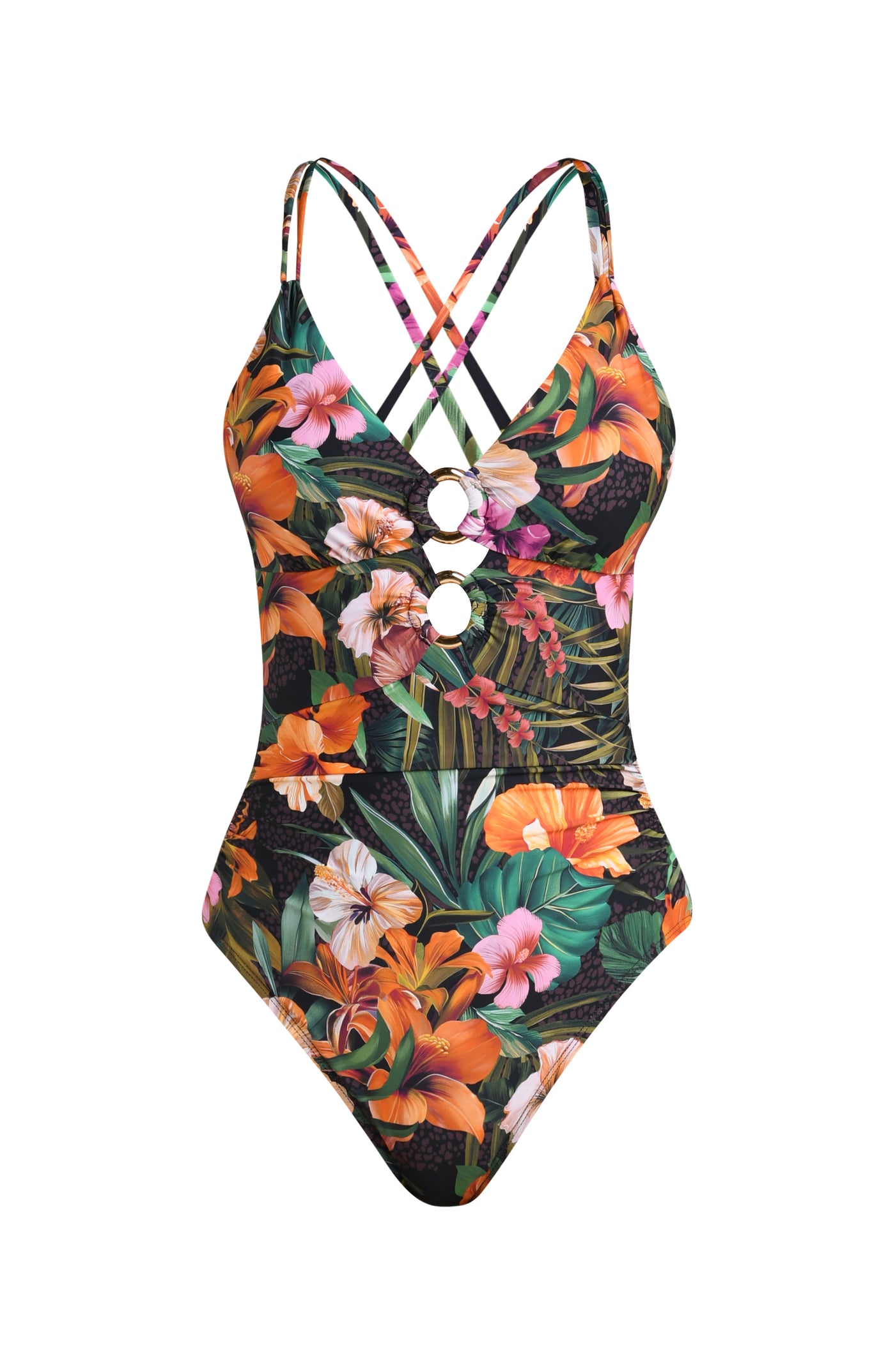 
                  
                    Floating image of a multicolored tropical one piece swimsuit featuring a plunge neckline with triple keyhole cutouts and a ruched body. 
                  
                