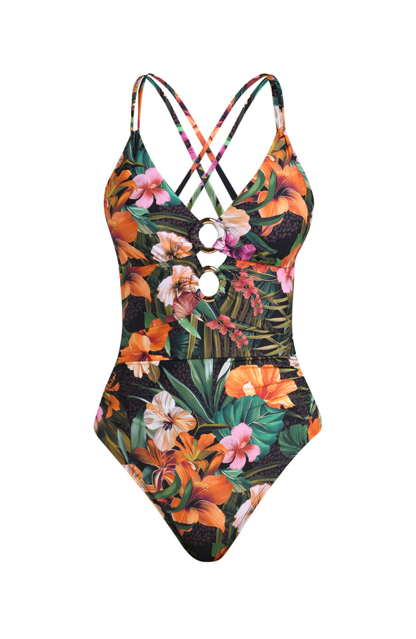 Floating image of a multicolored tropical one piece swimsuit featuring a plunge neckline with triple keyhole cutouts and a ruched body. 