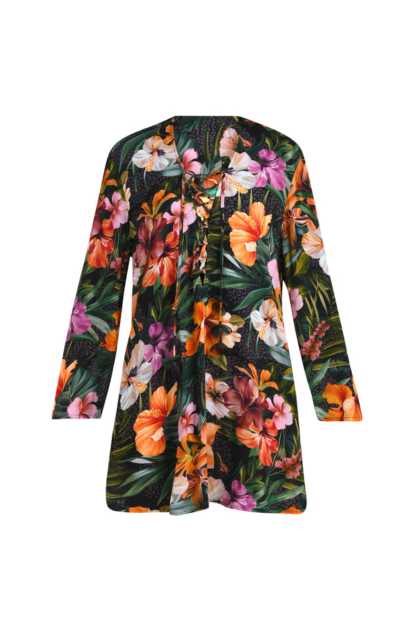 Floating image of a multicolored tropical printed tunic cover-up featuring a loose, breezy fit with long sleeves and a lace-up neckline for effortless comfort and style.