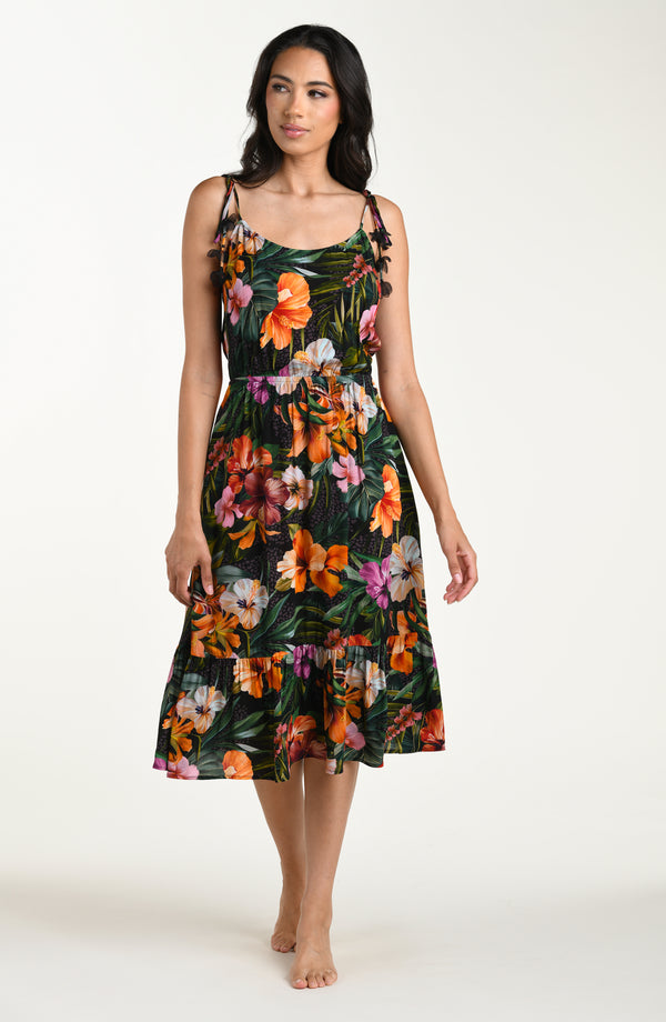 Full body front image of a model wearing a multicolored tropical printed cover-up dress featuring a relaxed, flowy fit with lightweight fabric and adjustable straps for all-day comfort.