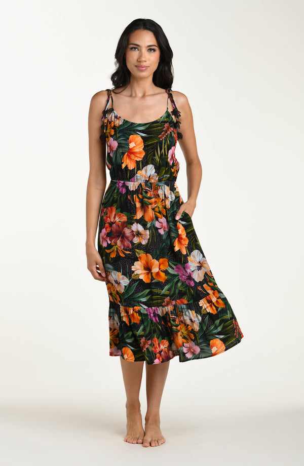 Full body front image of a model wearing a multicolored tropical printed cover-up dress featuring a relaxed, flowy fit with lightweight fabric and adjustable straps for all-day comfort.