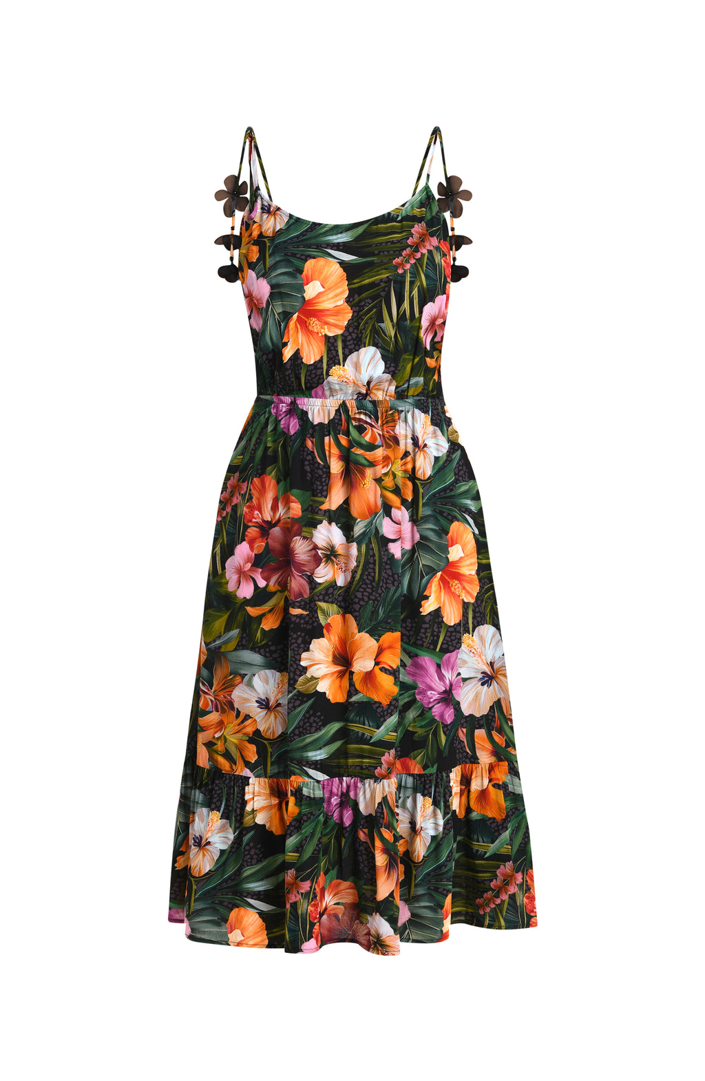 Floating image of a multicolored tropical printed cover-up dress featuring a relaxed, flowy fit with lightweight fabric and adjustable straps for all-day comfort.