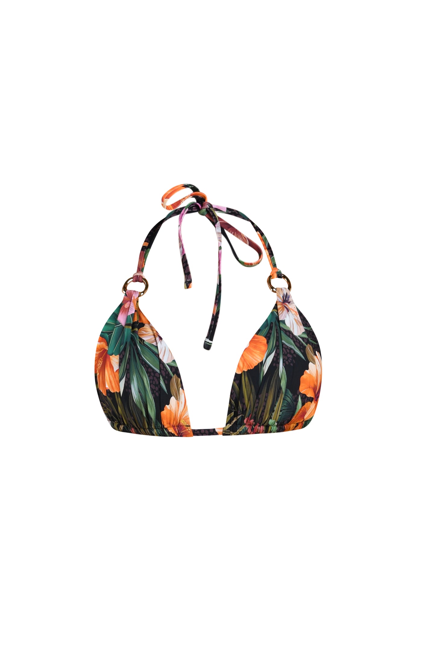
                  
                    Floating image of a multicolored tropical printed halter bikini top with triangle cups and a tie at the neck.
                  
                