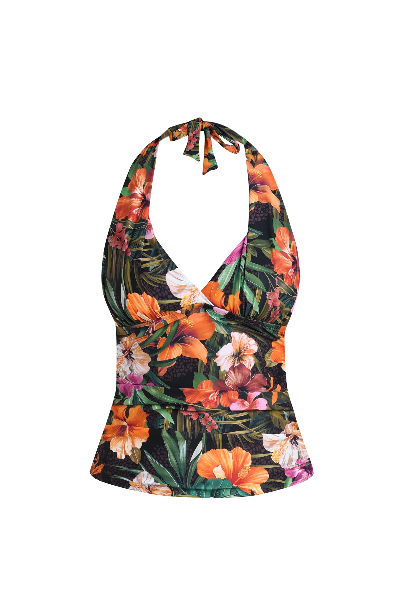 
                  
                    Floating image of a multicolored tropical printed halter-neck tankini top with a plunging neckline and ruched detailing.
                  
                