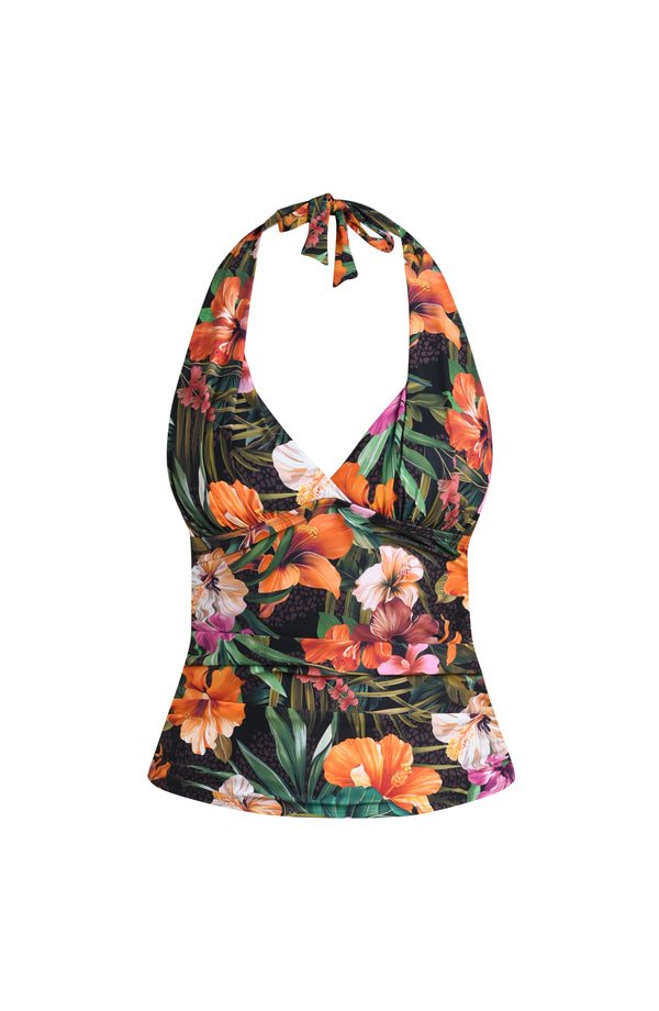 Floating image of a multicolored tropical printed halter-neck tankini top with a plunging neckline and ruched detailing.